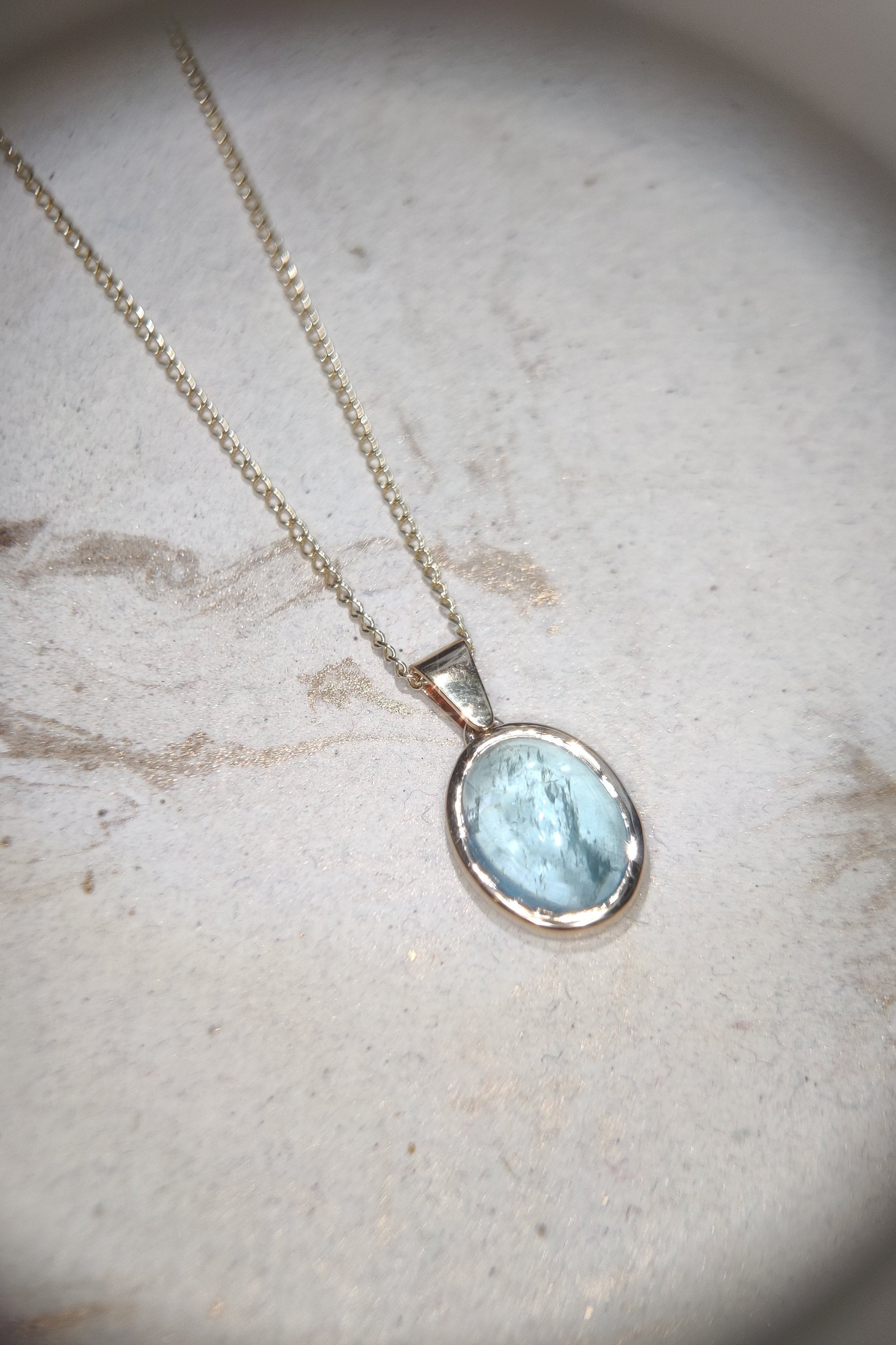 Aquamarine Cabochon Pendant and Necklace in 9 carat Yellow Gold-The Diamond Setter
