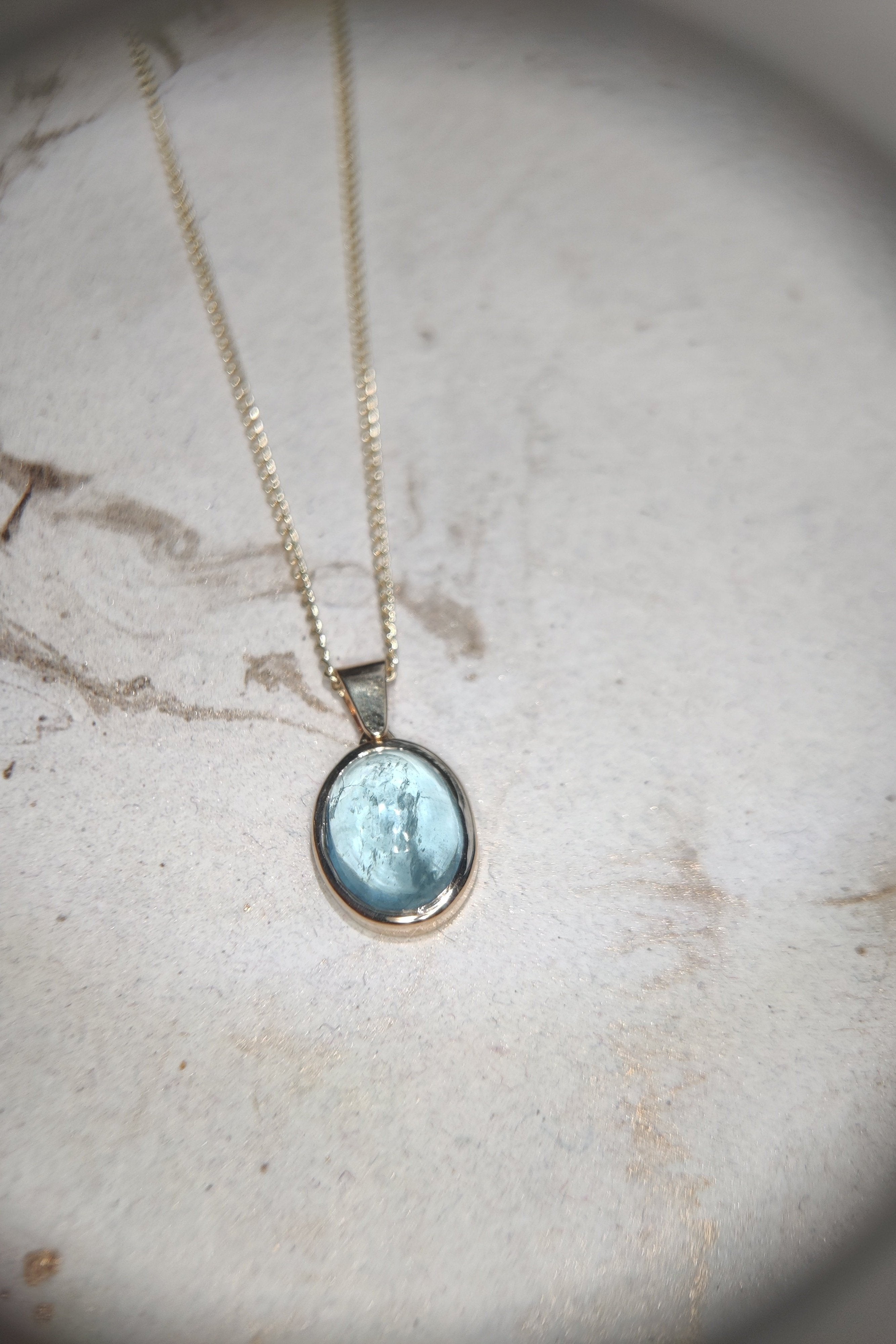 Aquamarine Cabochon Pendant and Necklace in 9 carat Yellow Gold-The Diamond Setter