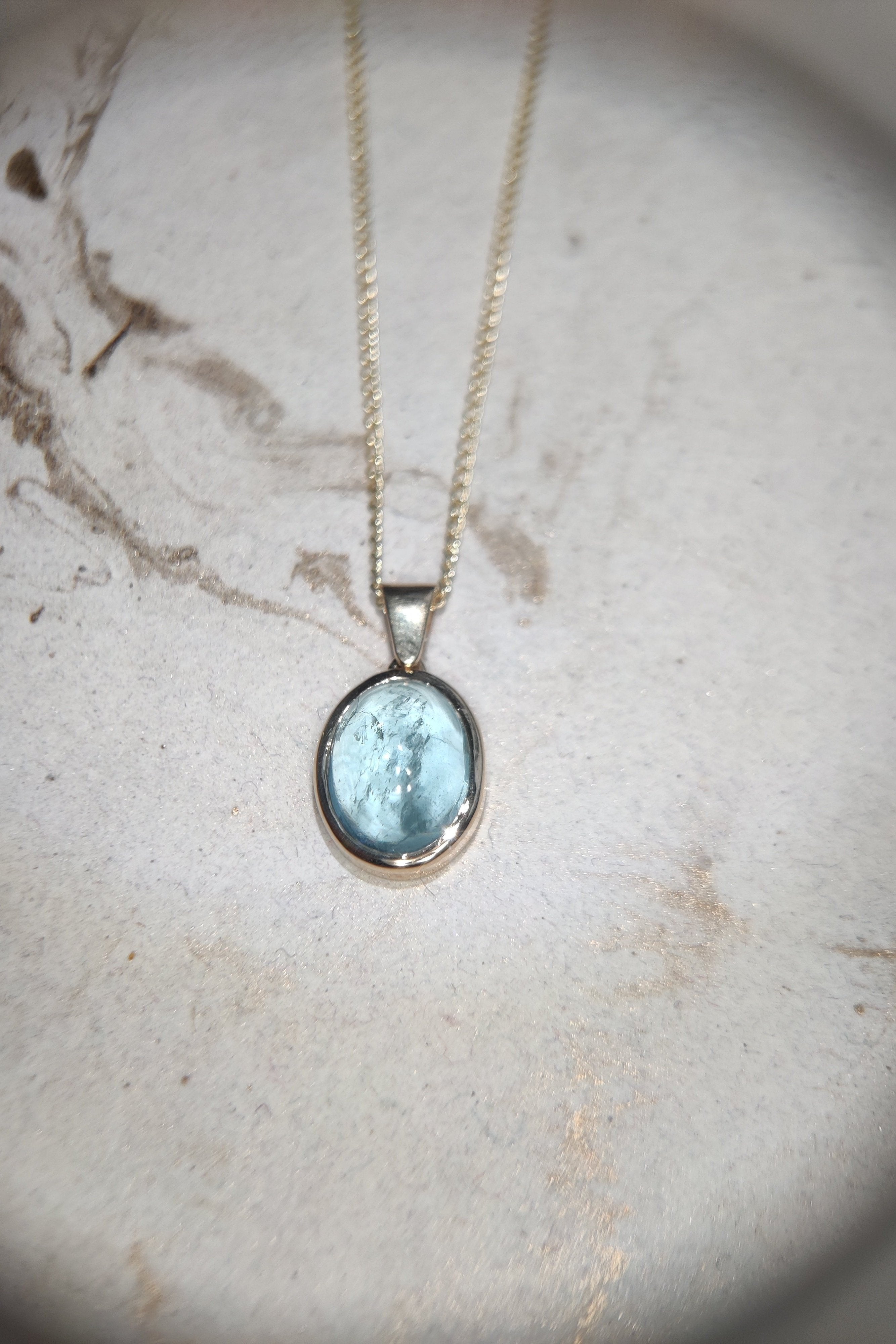Aquamarine Cabochon Pendant and Necklace in 9 carat Yellow Gold-The Diamond Setter