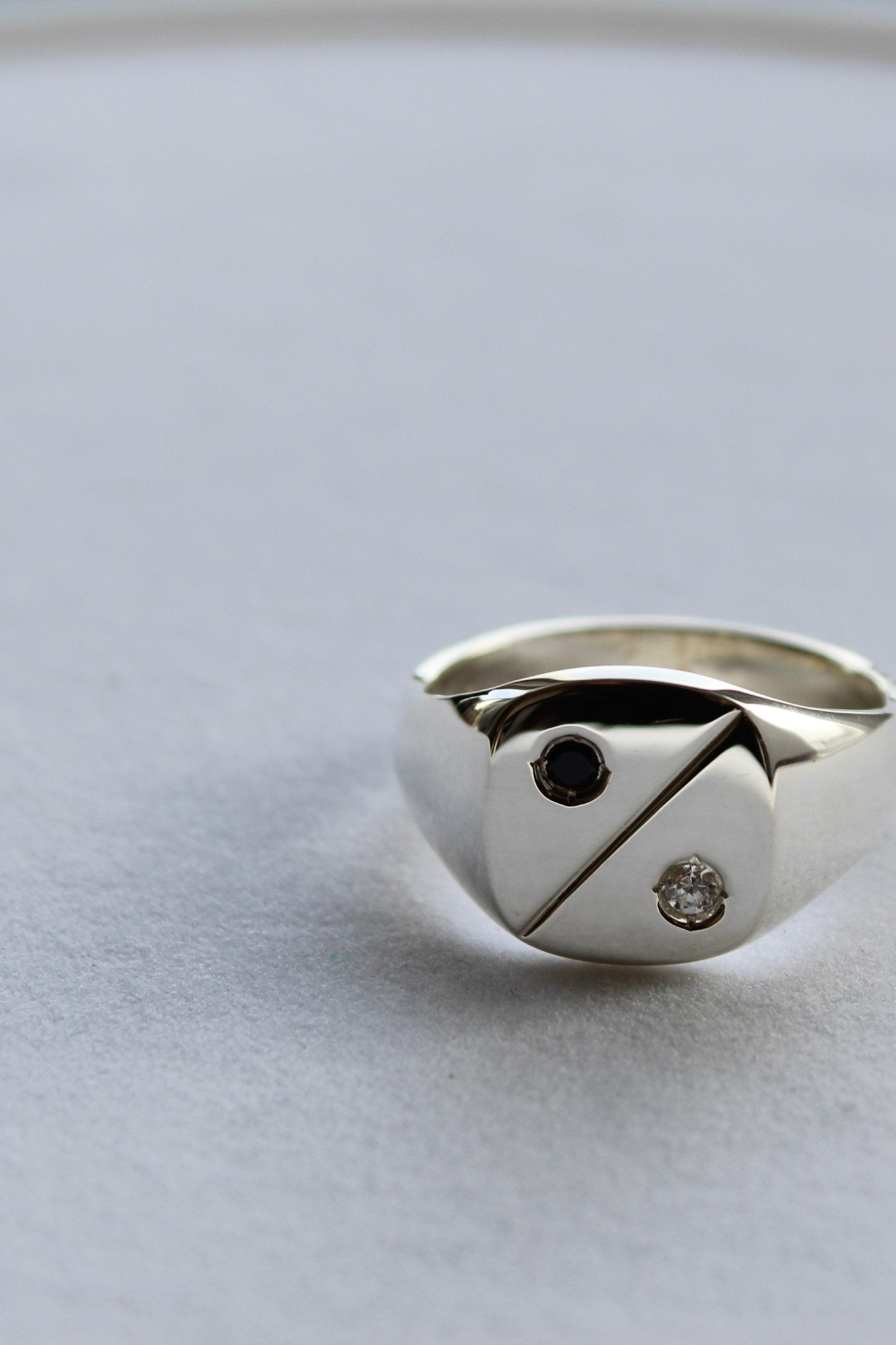 Silver Signet Ring with Black and White Diamonds-The Diamond Setter