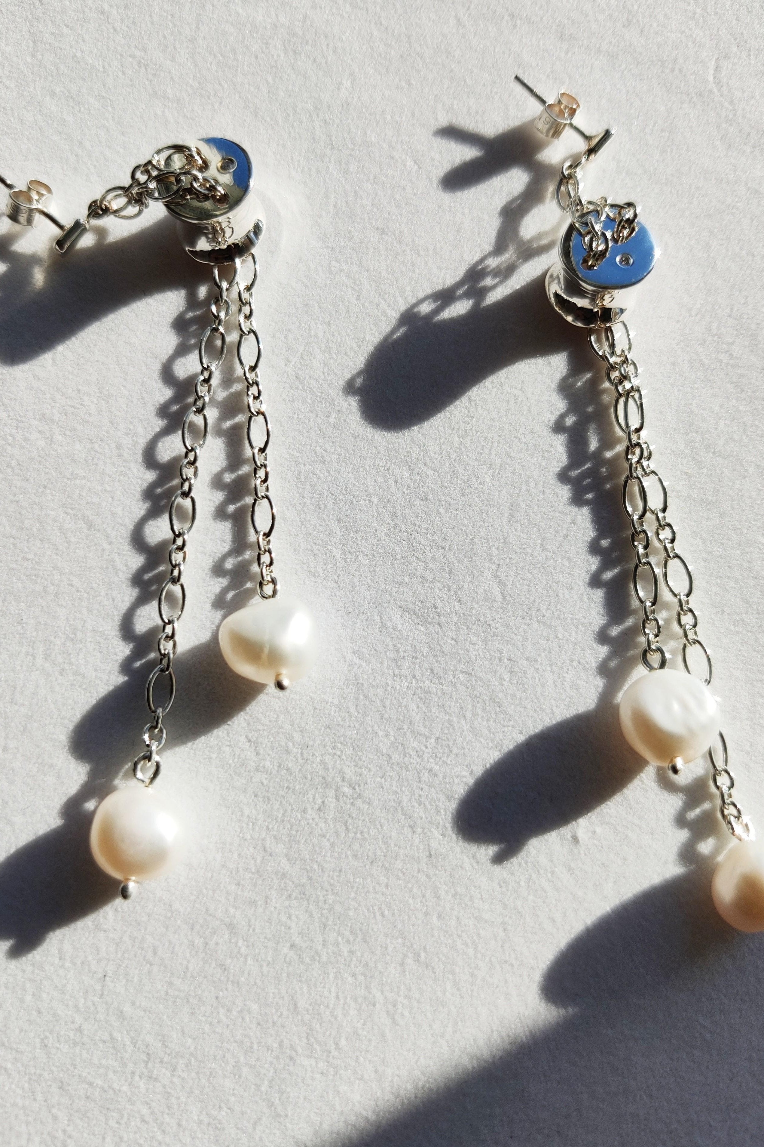 Baroque Pearl Earrings in Double Silver Chain and Handmade Solid Silver Bead with Diamond-The Diamond Setter