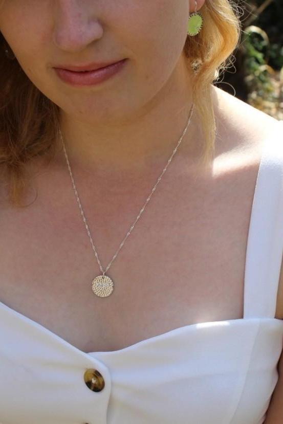 Sterling Silver Textured Disc Necklace with Diamonds-The Diamond Setter