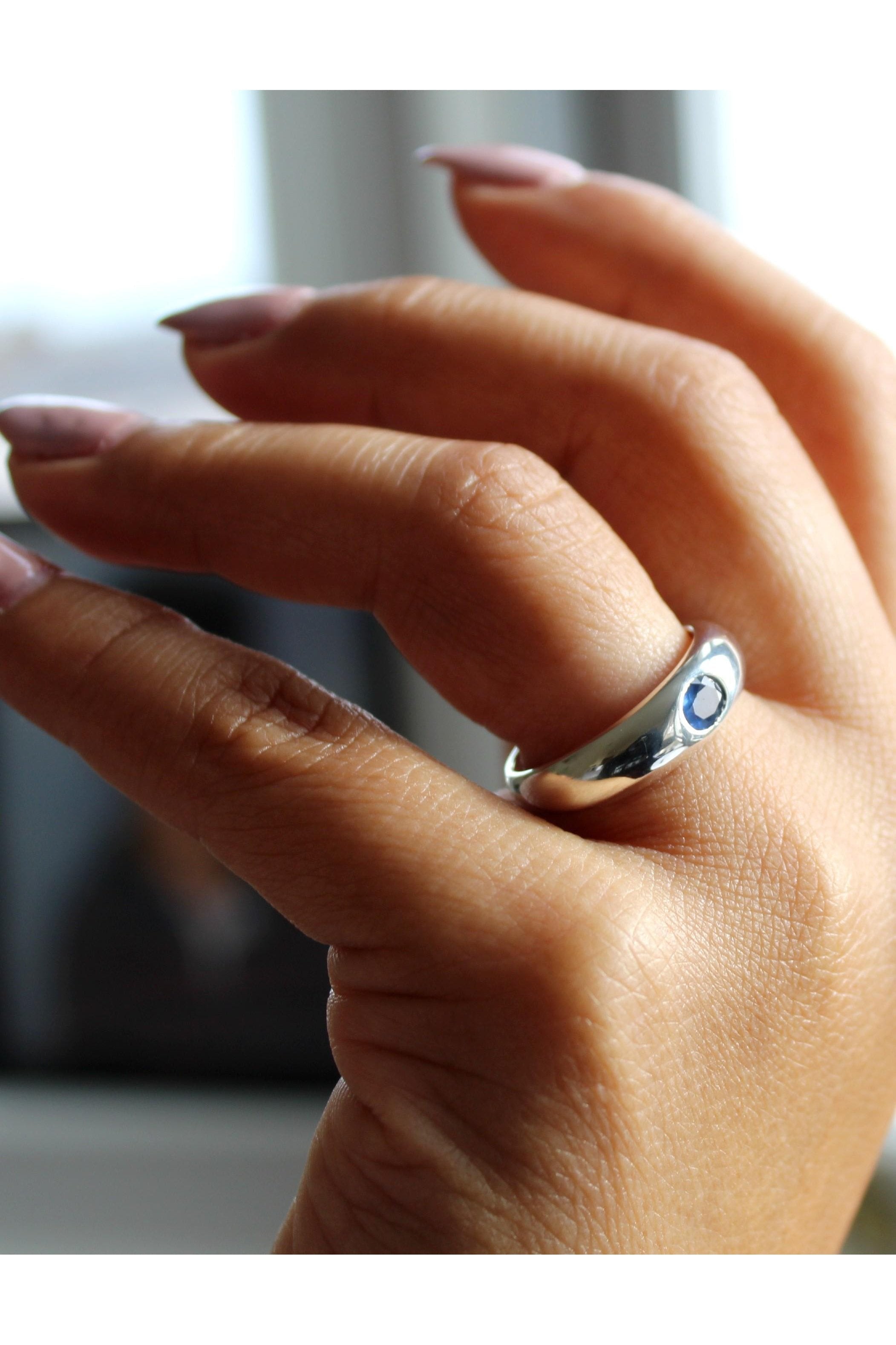 Silver Dome Ring with Blue Sapphire-The Diamond Setter