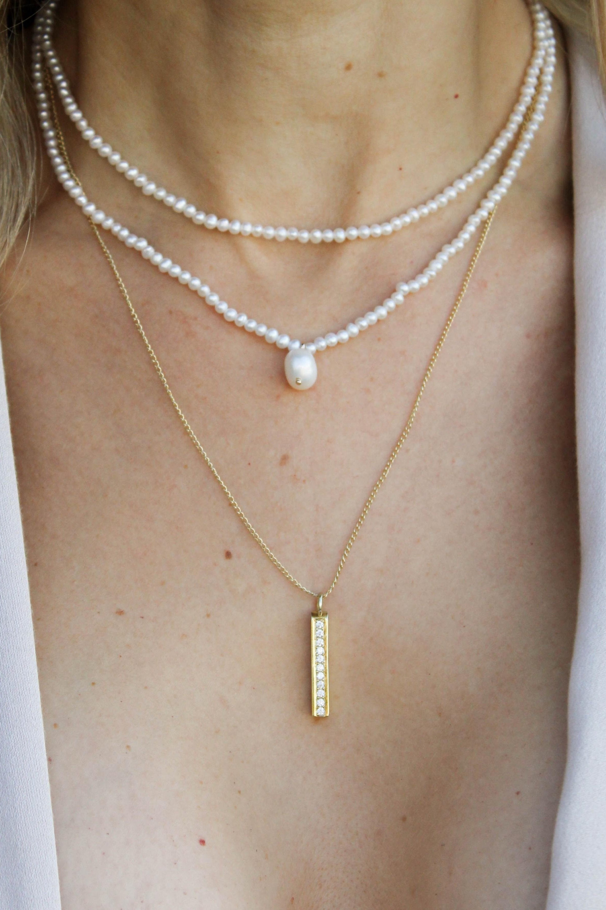 Gold Bar Pave Necklace with Diamonds or Gemstones-The Diamond Setter