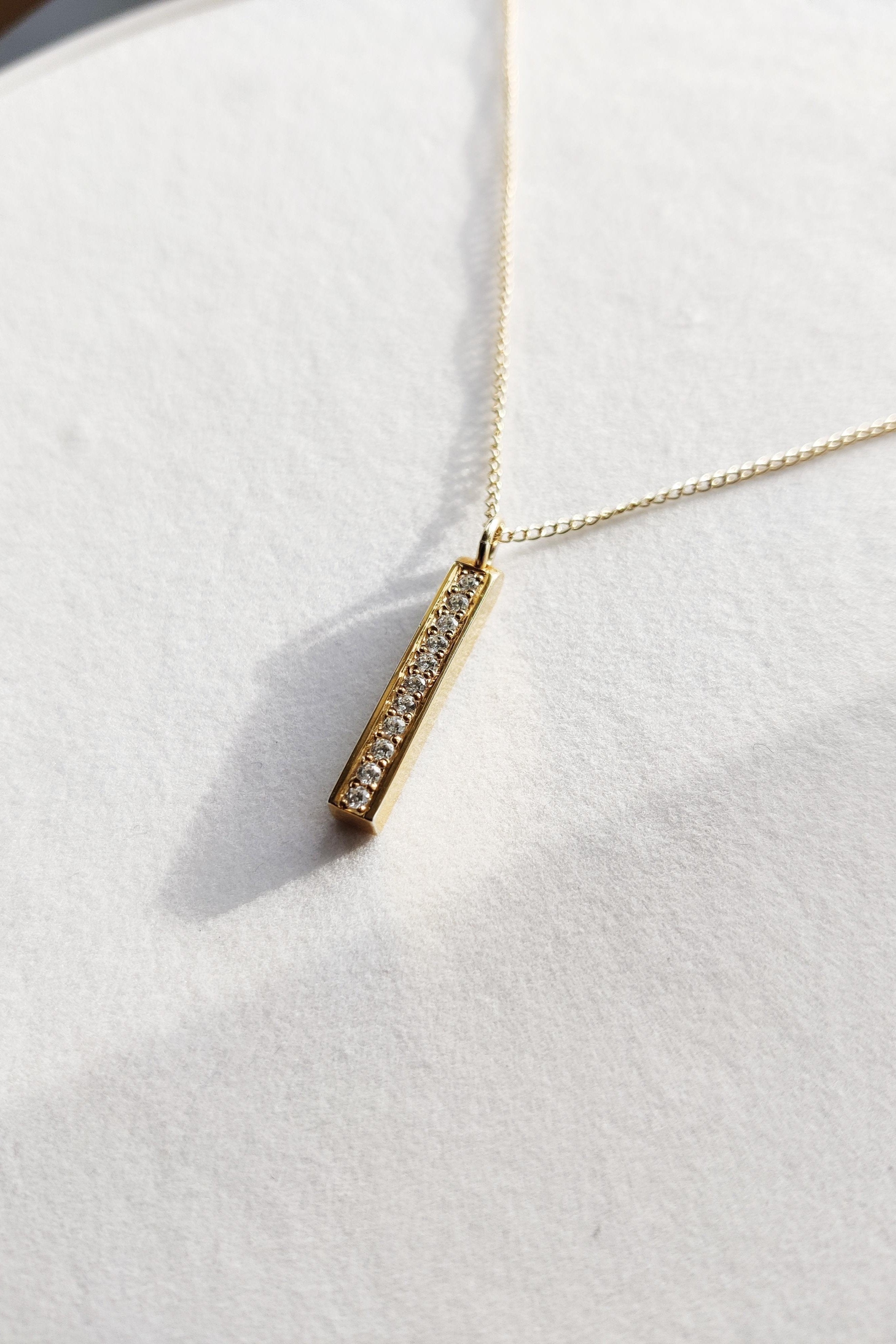 Gold Bar Pave Necklace with Diamonds or Gemstones-The Diamond Setter