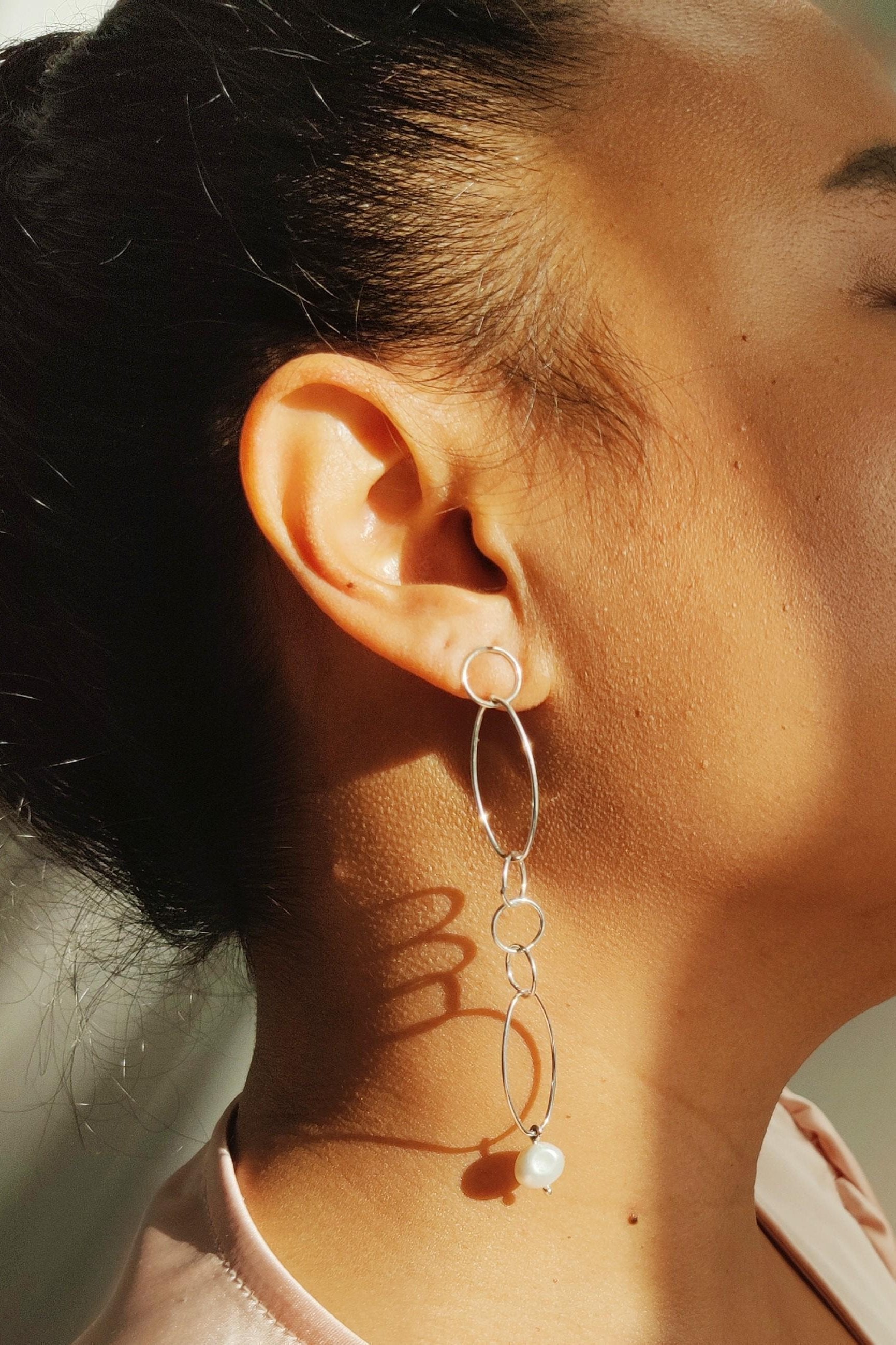 Open Link Stud Earrings with Baroque Pearl-The Diamond Setter