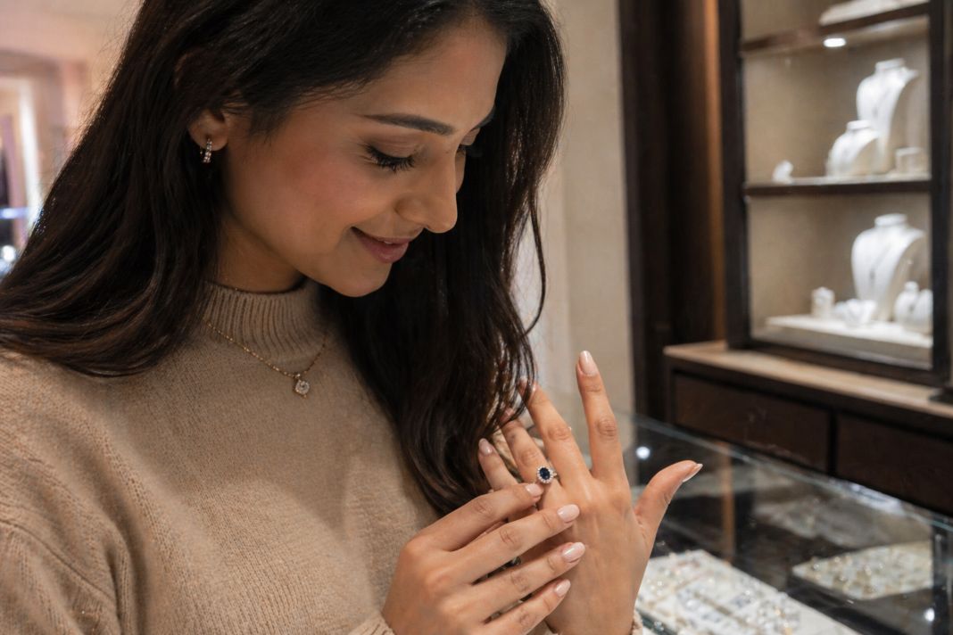 Admiring a sparkling jewel in-store - Illustrative Image