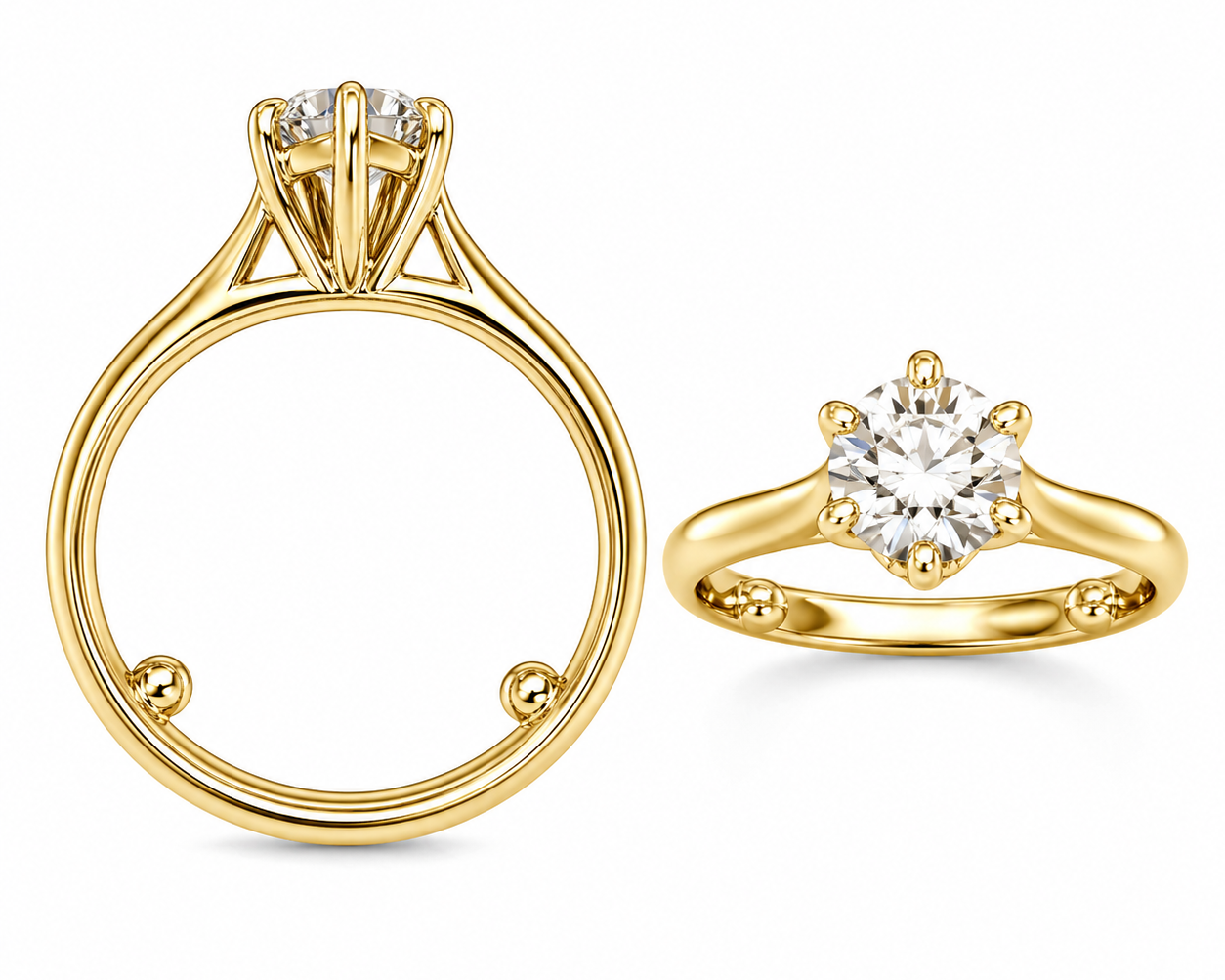 Gold solitaire engagement ring with a round brilliant-cut diamond and decorative beads on the band, displayed from front and side views on a white background. Elegant design combining classic sparkle with unique detailing. - Sample Image
