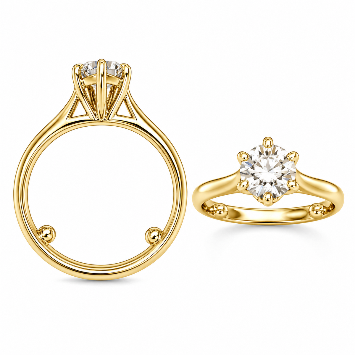 Gold solitaire engagement ring with a round brilliant-cut diamond and decorative beads on the band, displayed from front and side views on a white background. Elegant design combining classic sparkle with unique detailing. - Sample Image