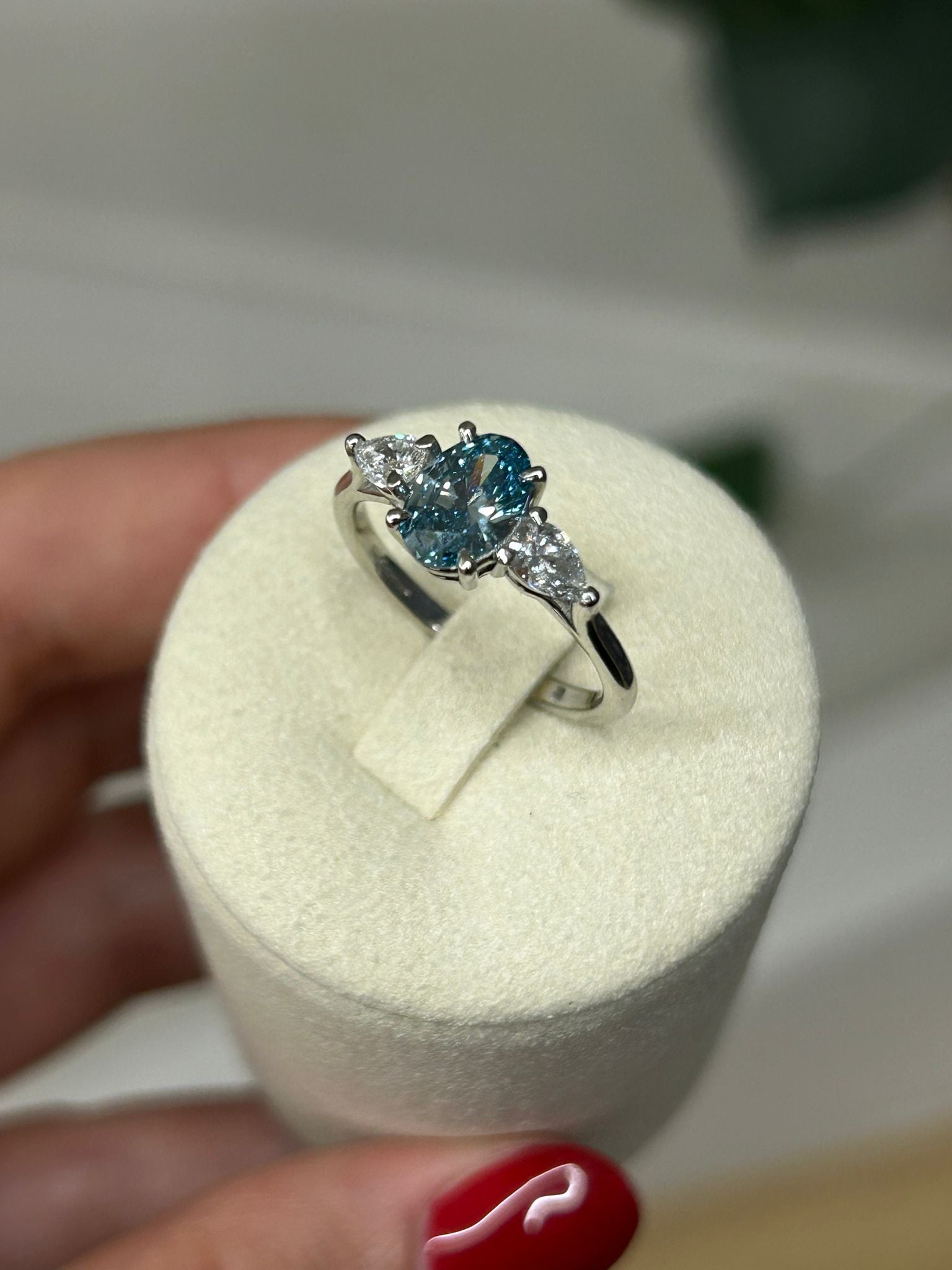 Platinum 1ct Oval Cut Blue Diamond Trilogy Engagement Ring-The Diamond Setter