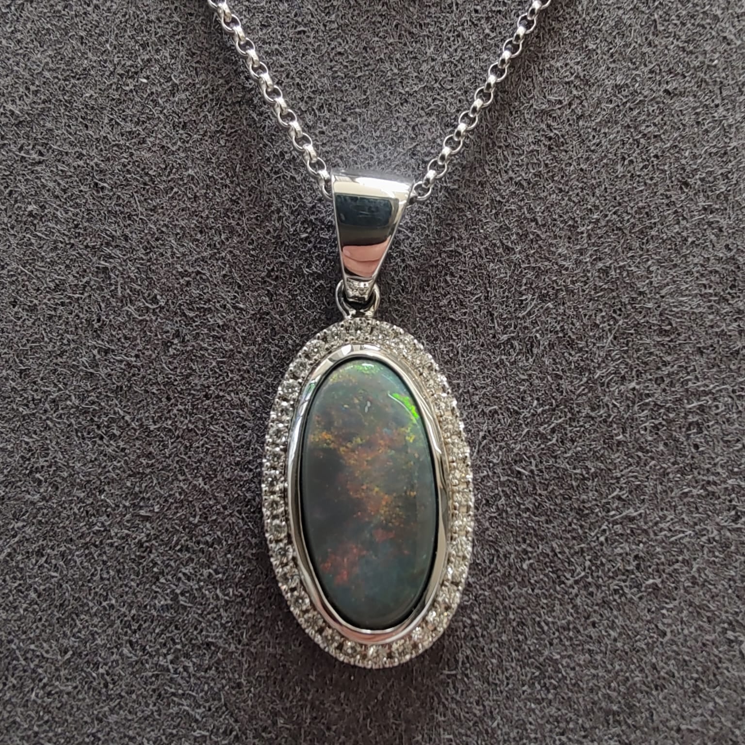 18ct White Gold 1.87ct Black Opal & Natural Diamond Halo Pendant-The Diamond Setter