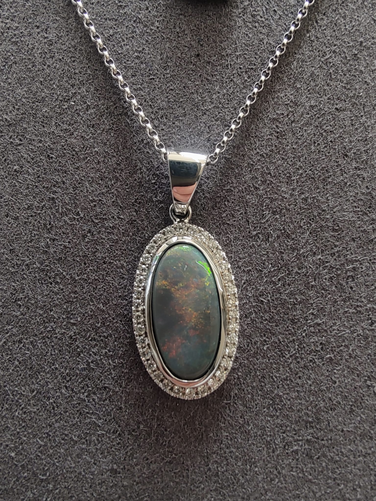 18ct White Gold 1.87ct Black Opal & Natural Diamond Halo Pendant-The Diamond Setter