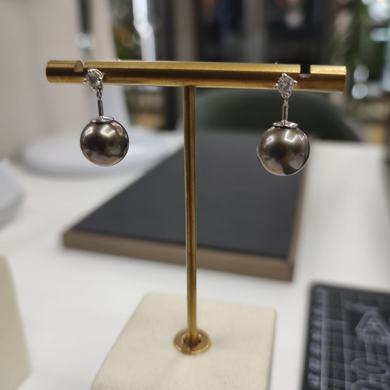 18ct White Gold Tahitian Pearl Drop Diamond Studs-The Diamond Setter