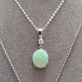 18ct White Gold Oval Opal & Natural Diamond Drop Pendant-The Diamond Setter