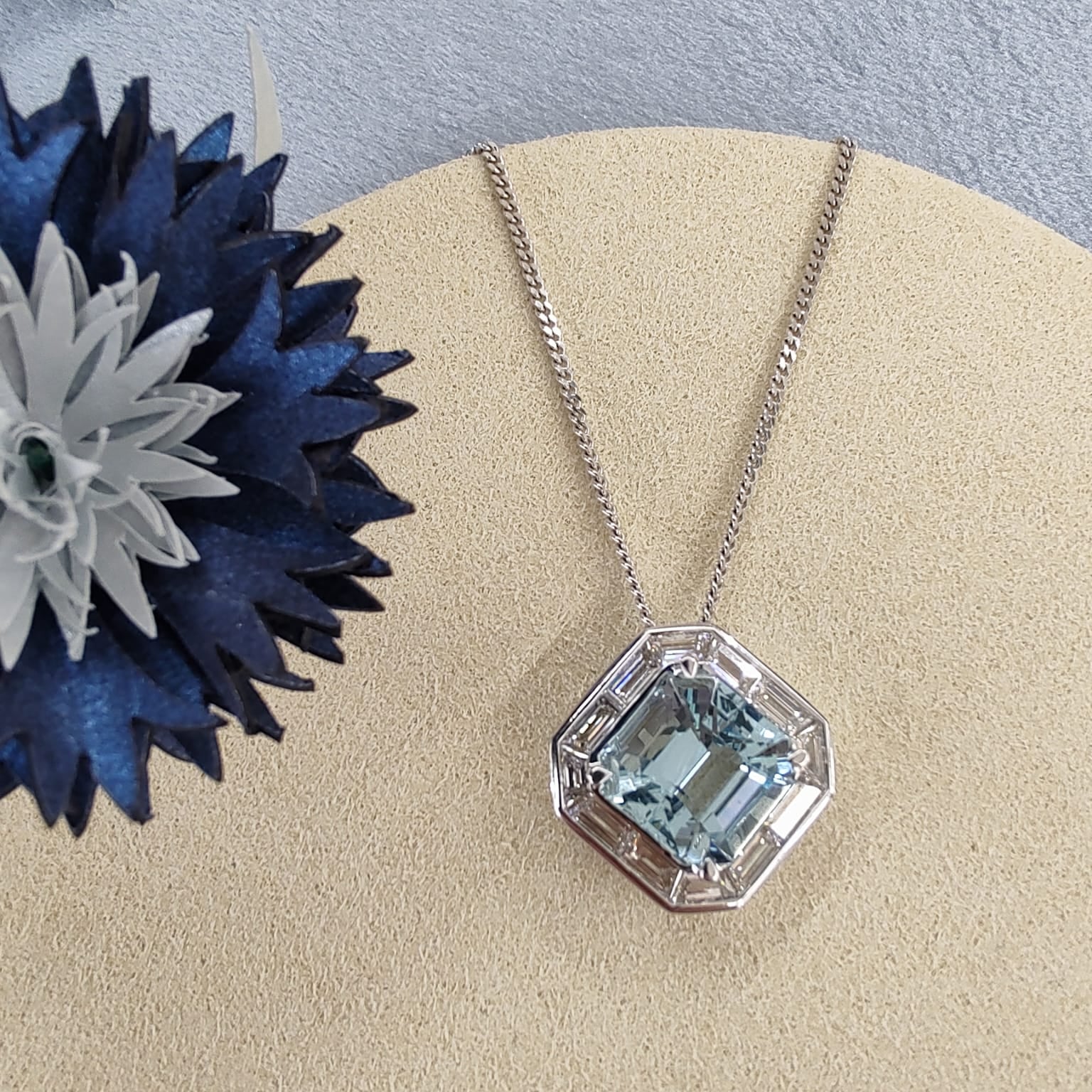 18ct White Gold Art Deco Aquamarine and Diamond Pendant-The Diamond Setter