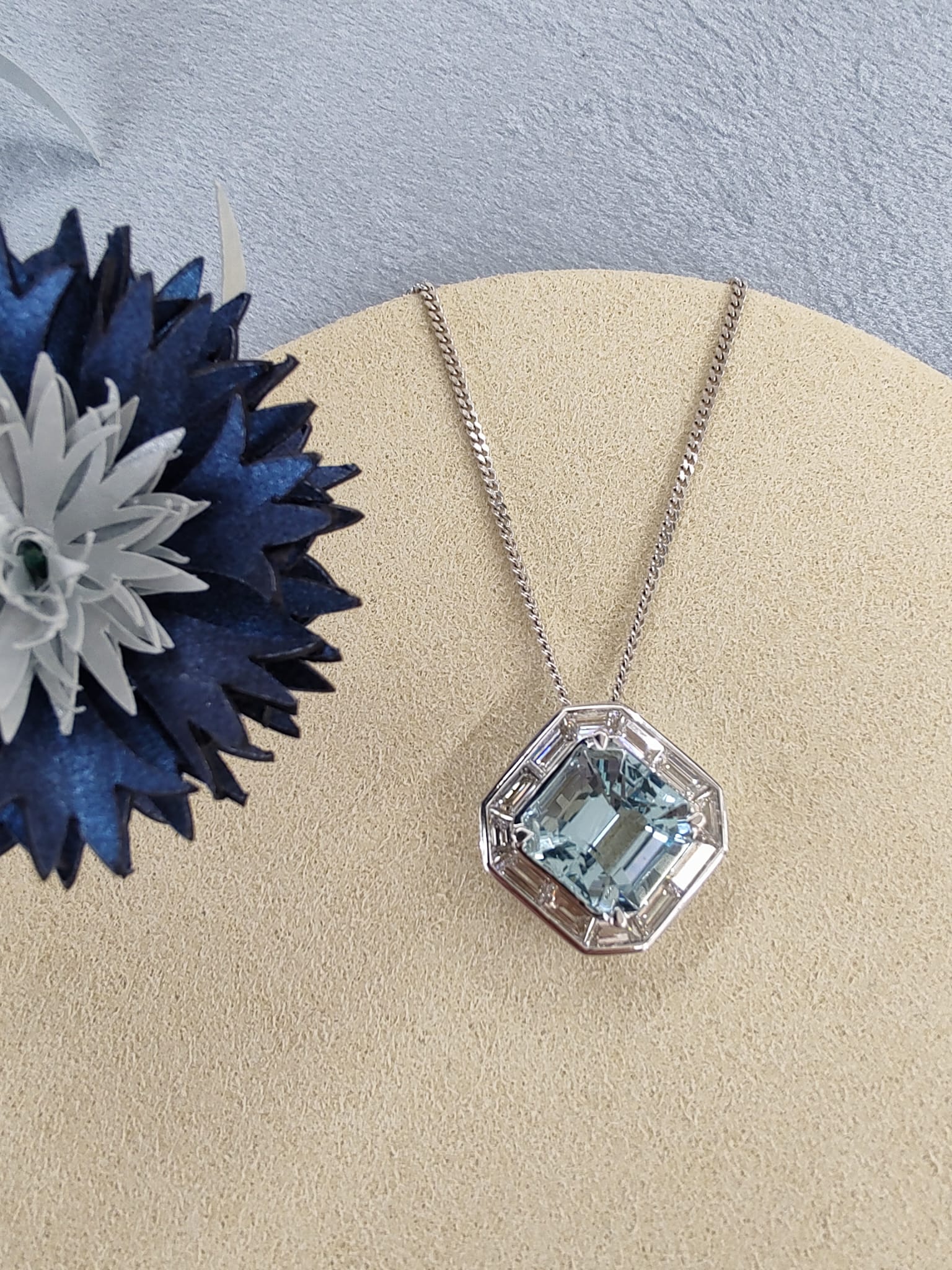 18ct White Gold Art Deco Aquamarine and Diamond Pendant-The Diamond Setter