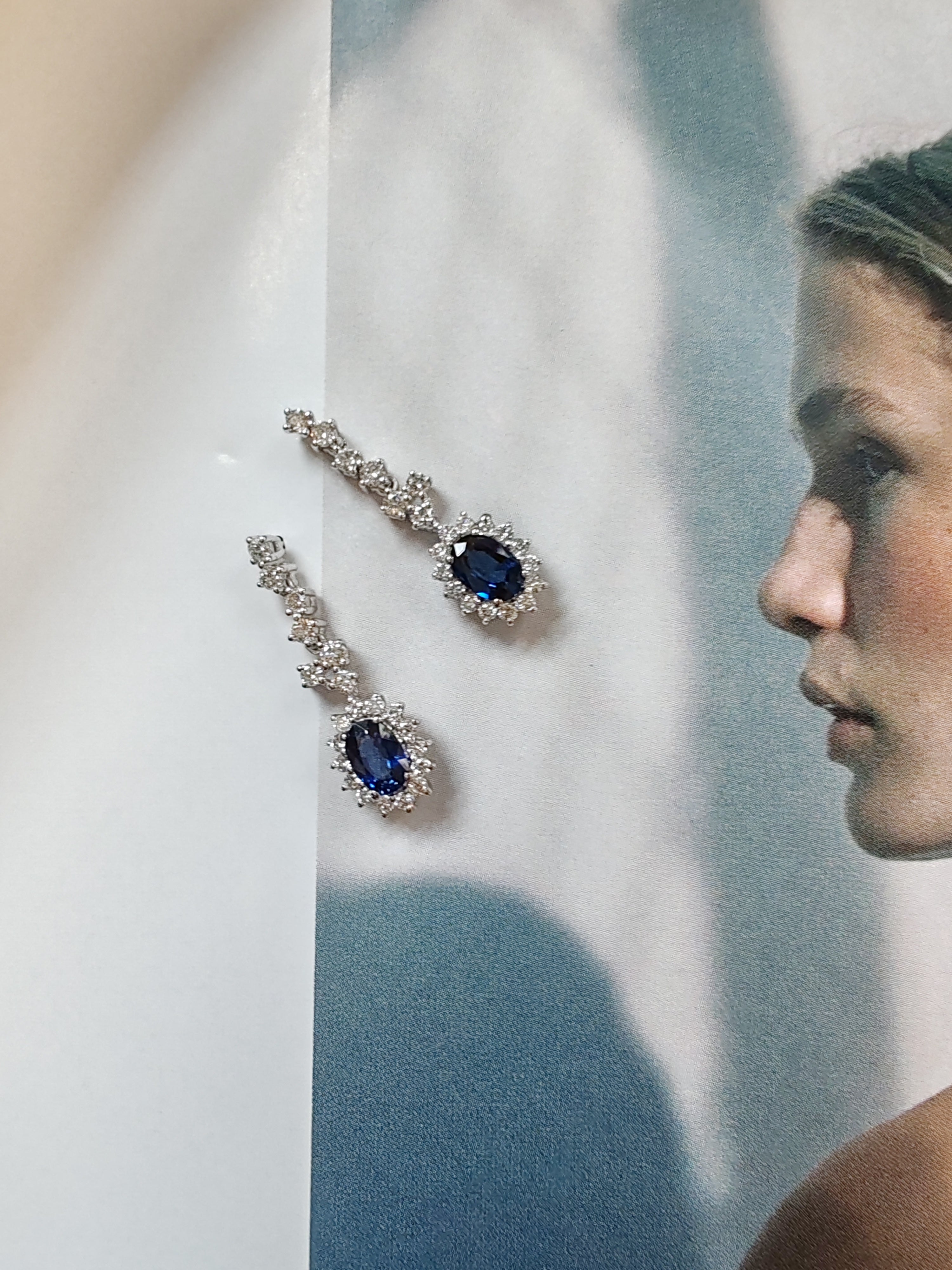 Diamond and Blue Sapphire drop earrings-The Diamond Setter