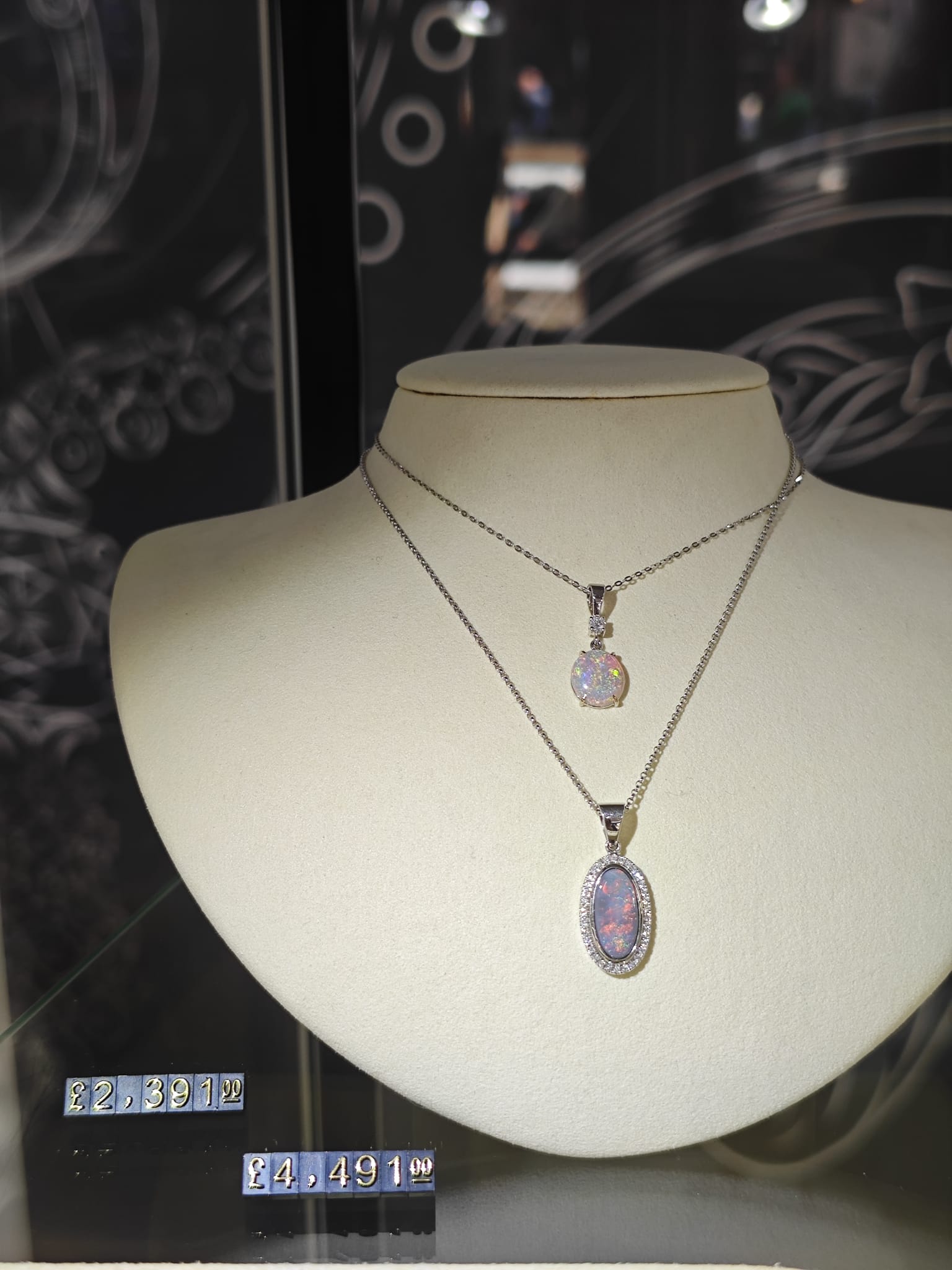 18ct White Gold Oval Opal & Natural Diamond Drop Pendant-The Diamond Setter