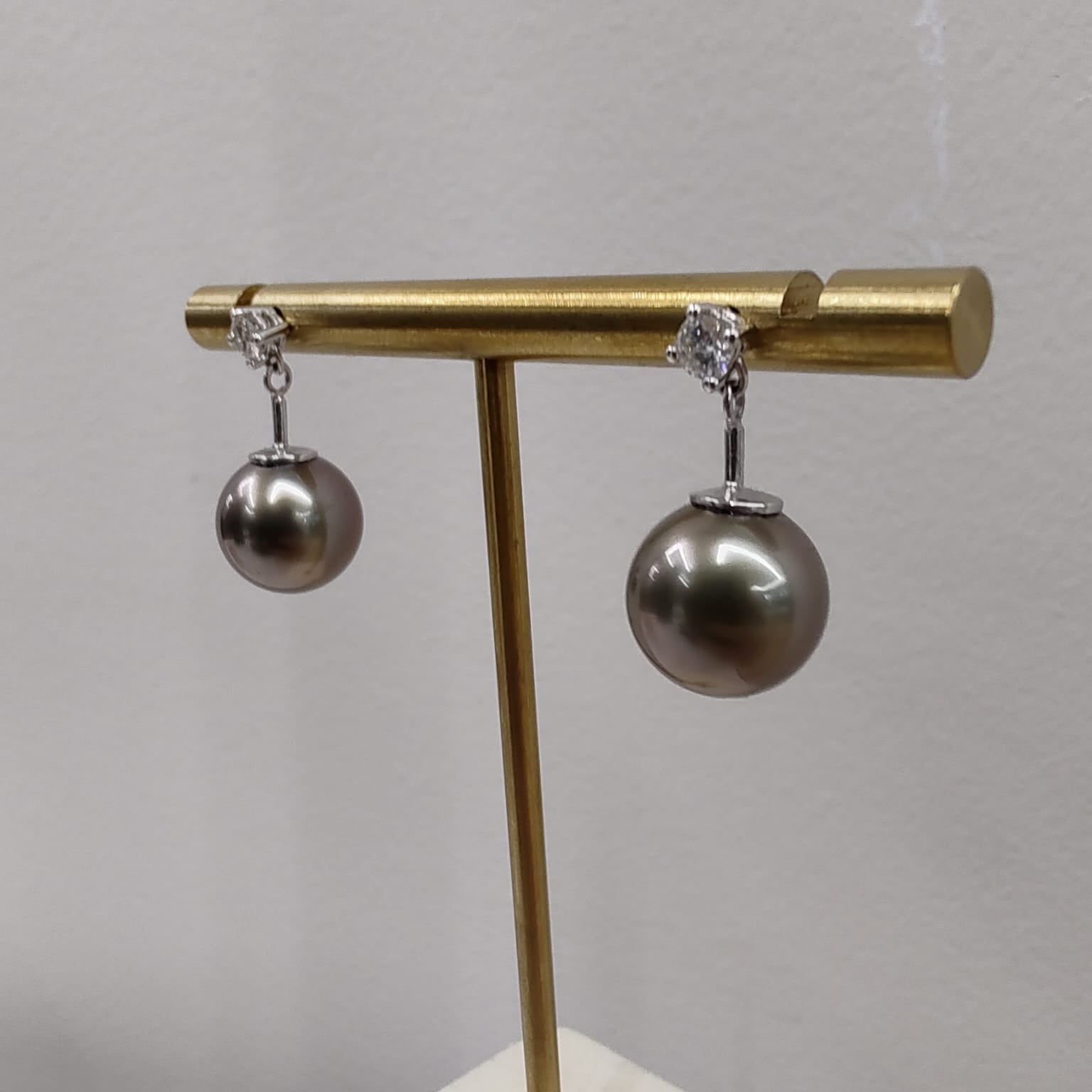 18ct White Gold Tahitian Pearl Drop Diamond Studs-The Diamond Setter