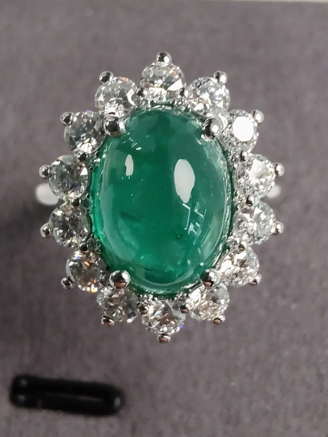 Platinum 4ct Oval Emerald Cabochon Diamond Halo Ring-The Diamond Setter