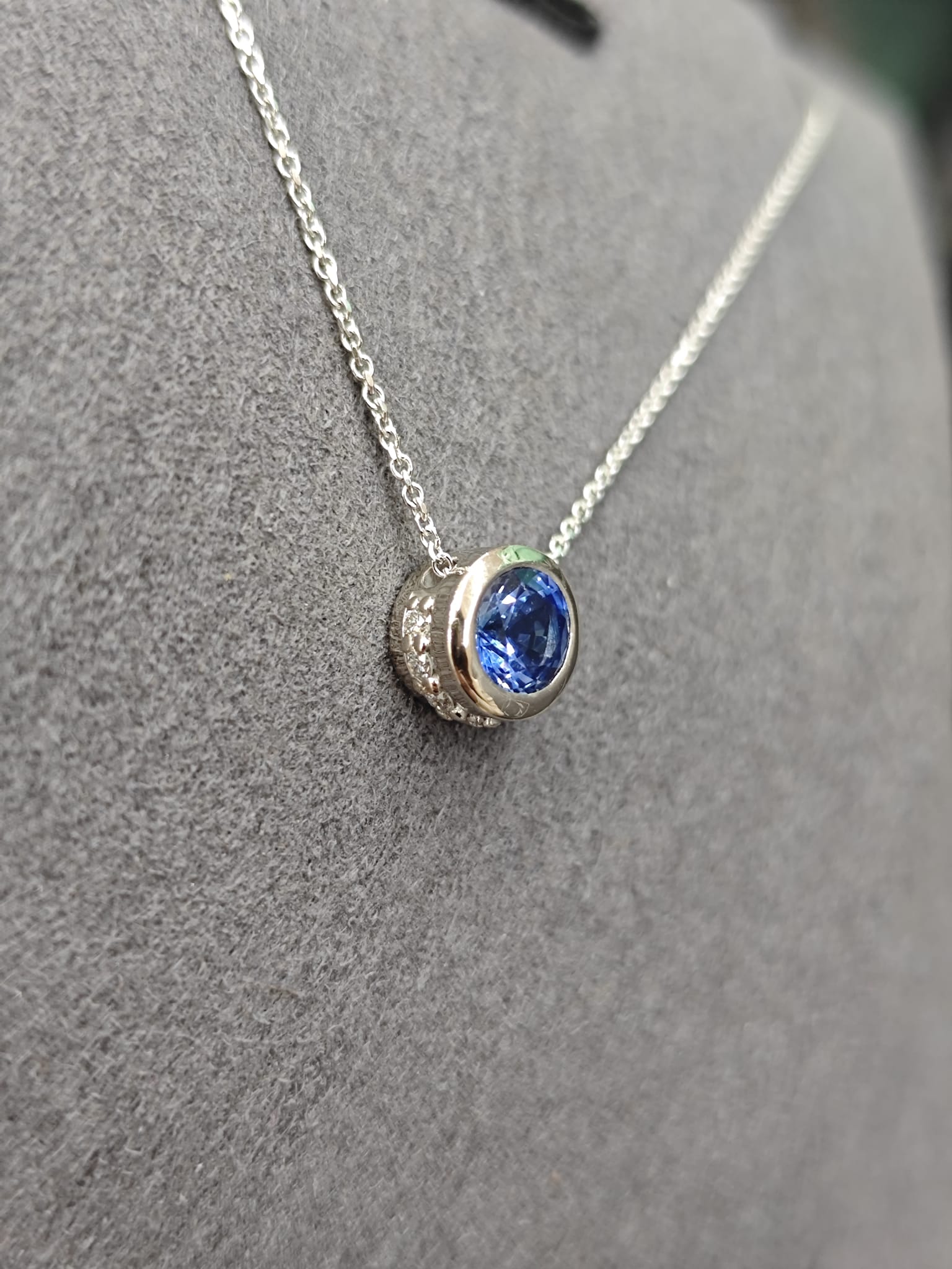 14ct White Gold Sapphire & Diamond Halo Slider Pendant-The Diamond Setter