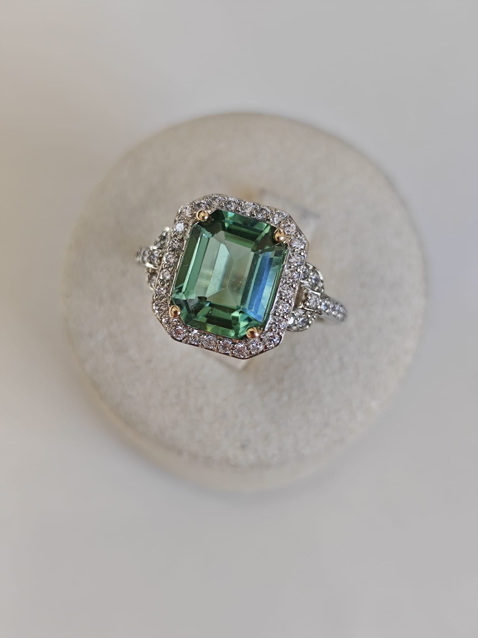 3.2ct Green Tourmaline & Diamond Halo Ring in 18ct White Gold-The Diamond Setter