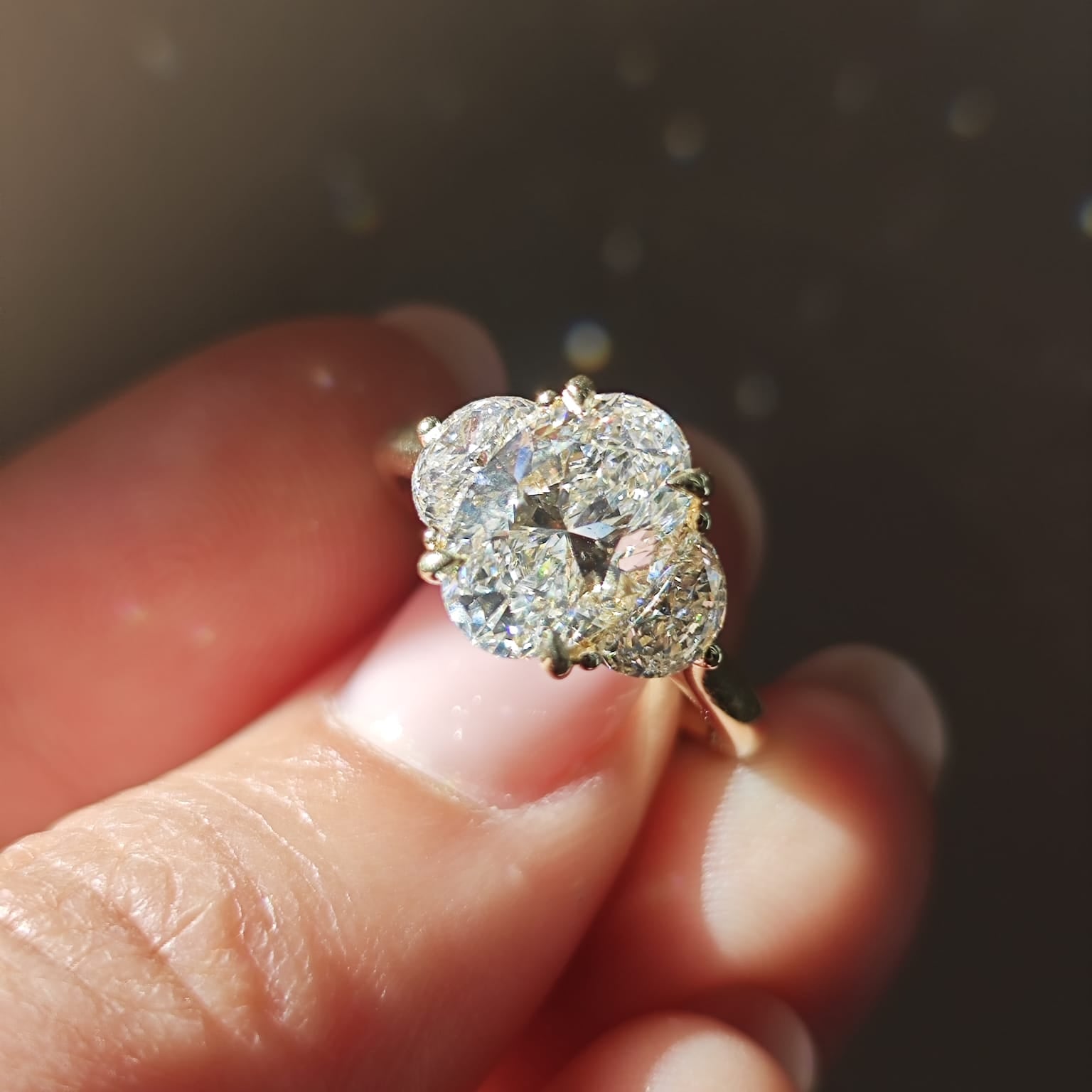 9ct Yellow Gold 2.21ct Oval Lab-Grown Diamond Trilogy Ring with Half Moon Side Stones-The Diamond Setter