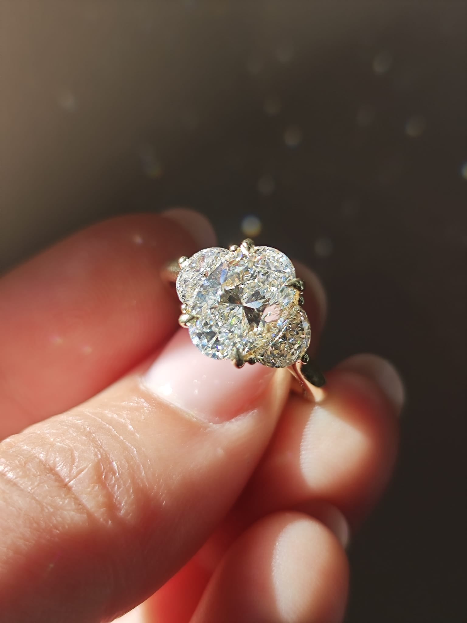 9ct Yellow Gold 2.21ct Oval Lab-Grown Diamond Trilogy Ring with Half Moon Side Stones-The Diamond Setter