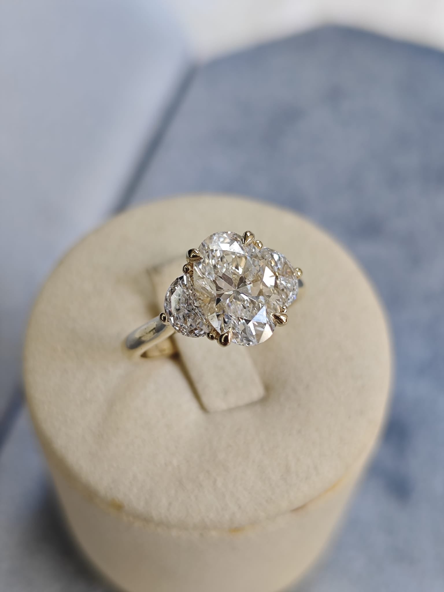 9ct Yellow Gold 2.21ct Oval Lab-Grown Diamond Trilogy Ring with Half Moon Side Stones-The Diamond Setter