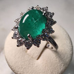Platinum 4ct Oval Emerald Cabochon Diamond Halo Ring-The Diamond Setter