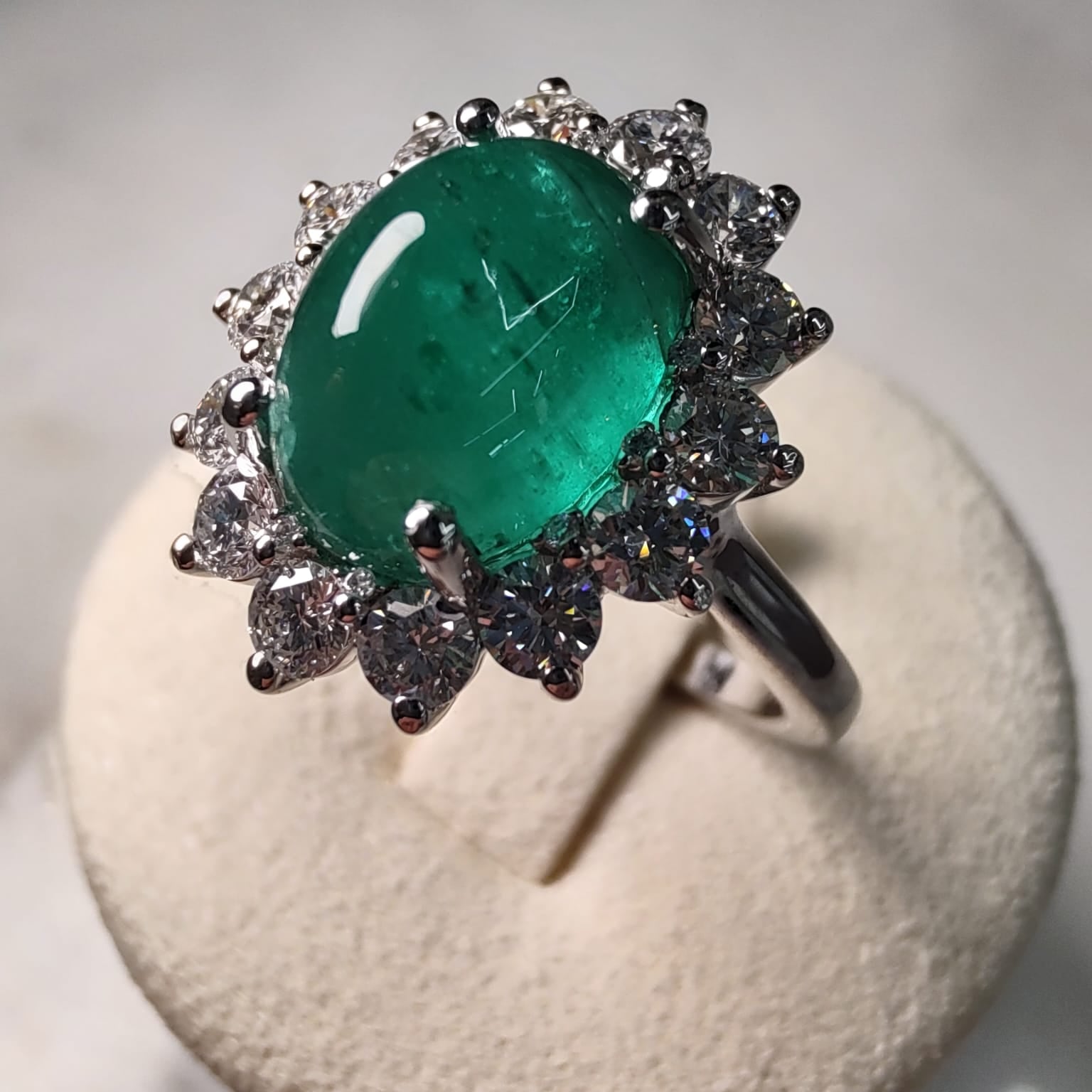 Platinum 4ct Oval Emerald Cabochon Diamond Halo Ring-The Diamond Setter
