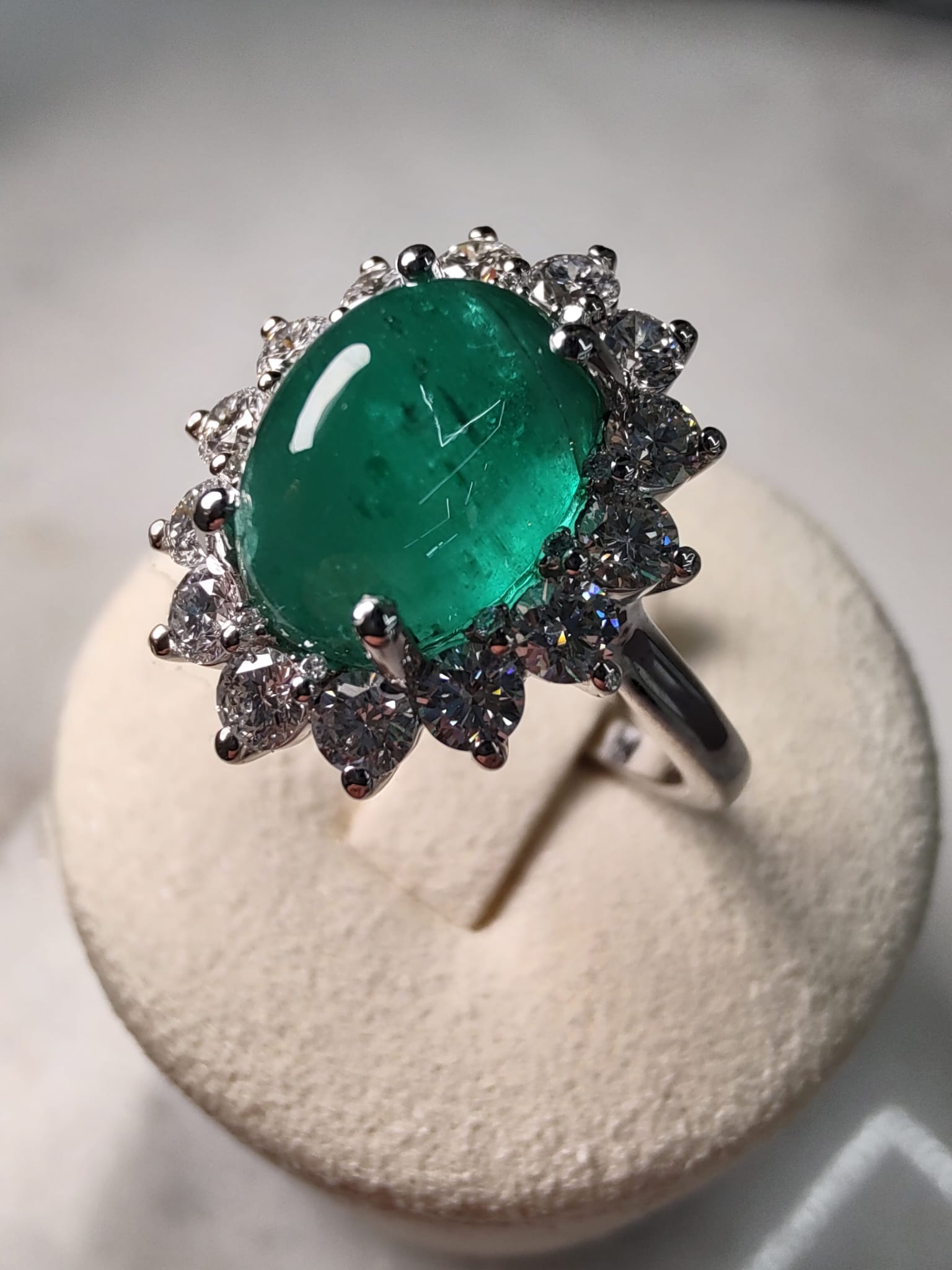 Platinum 4ct Oval Emerald Cabochon Diamond Halo Ring-The Diamond Setter