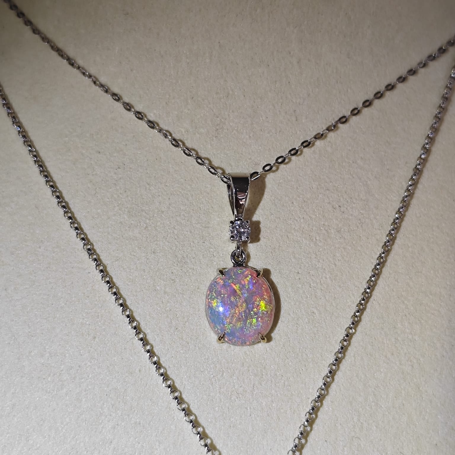 18ct White Gold Oval Opal & Natural Diamond Drop Pendant-The Diamond Setter