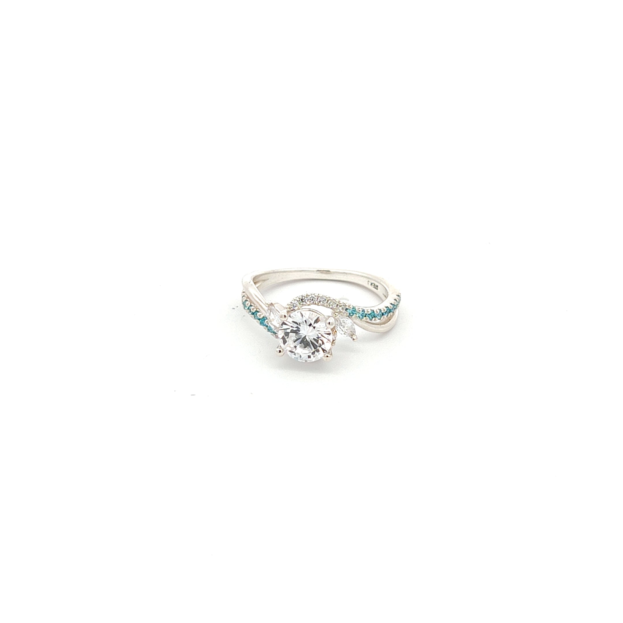 Round French-Set Bypass Engagement Ring with blue diamond accents-The Diamond Setter