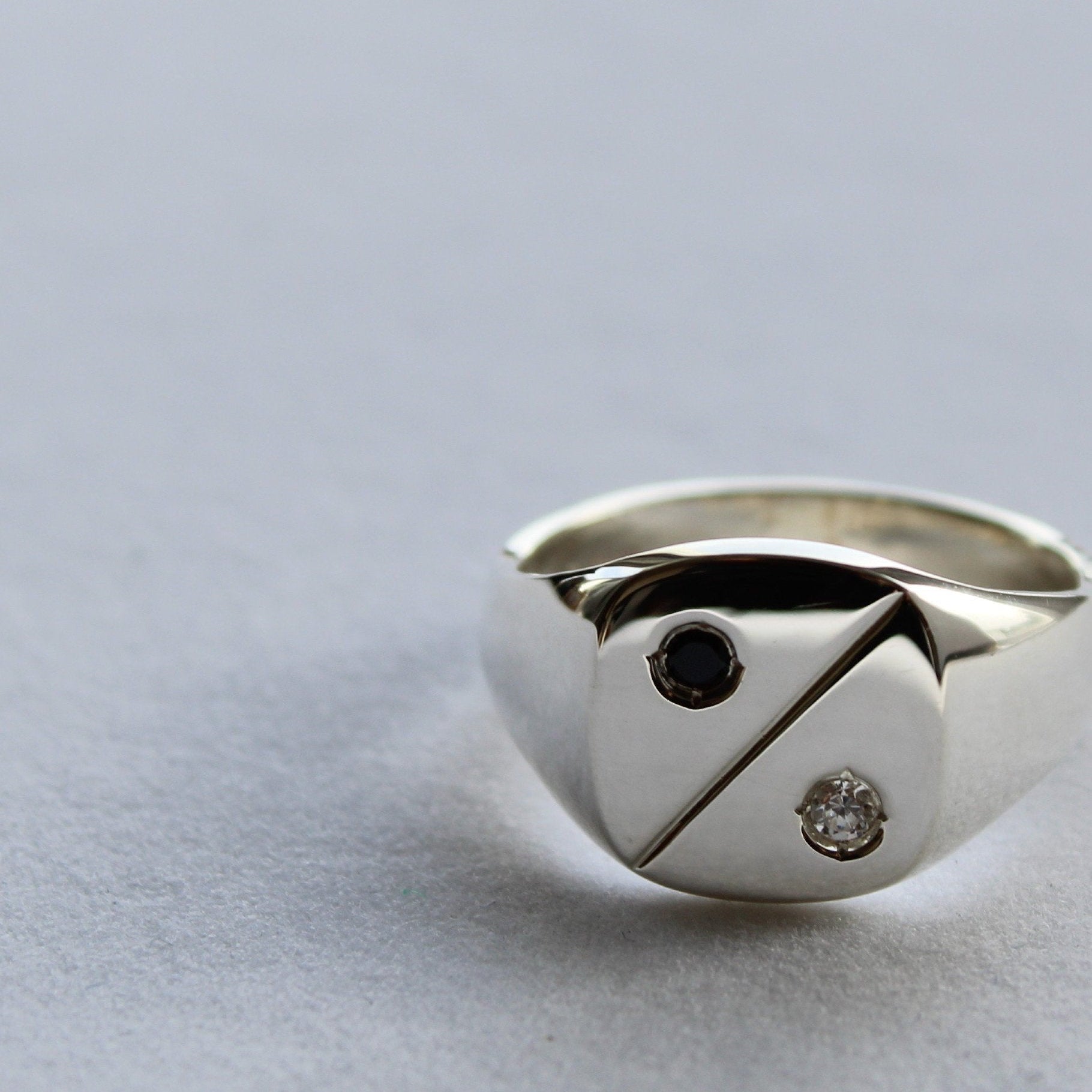 Silver Signet Ring with Black and White Diamonds-The Diamond Setter