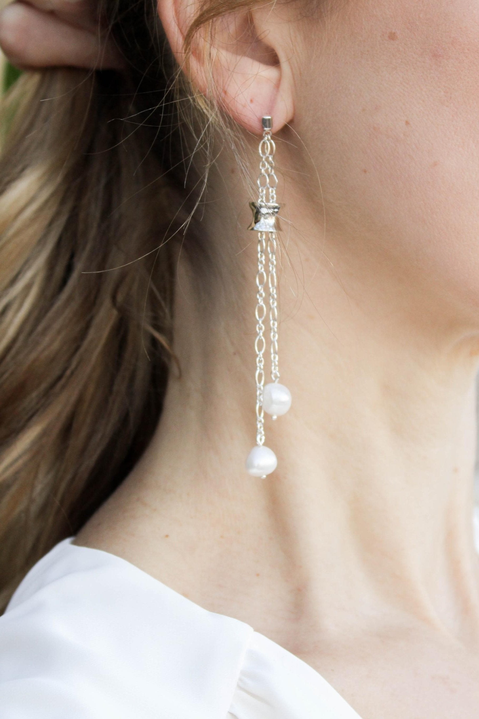 Baroque Pearl Earrings in Double Silver Chain and Handmade Solid Silver Bead with Diamond-The Diamond Setter
