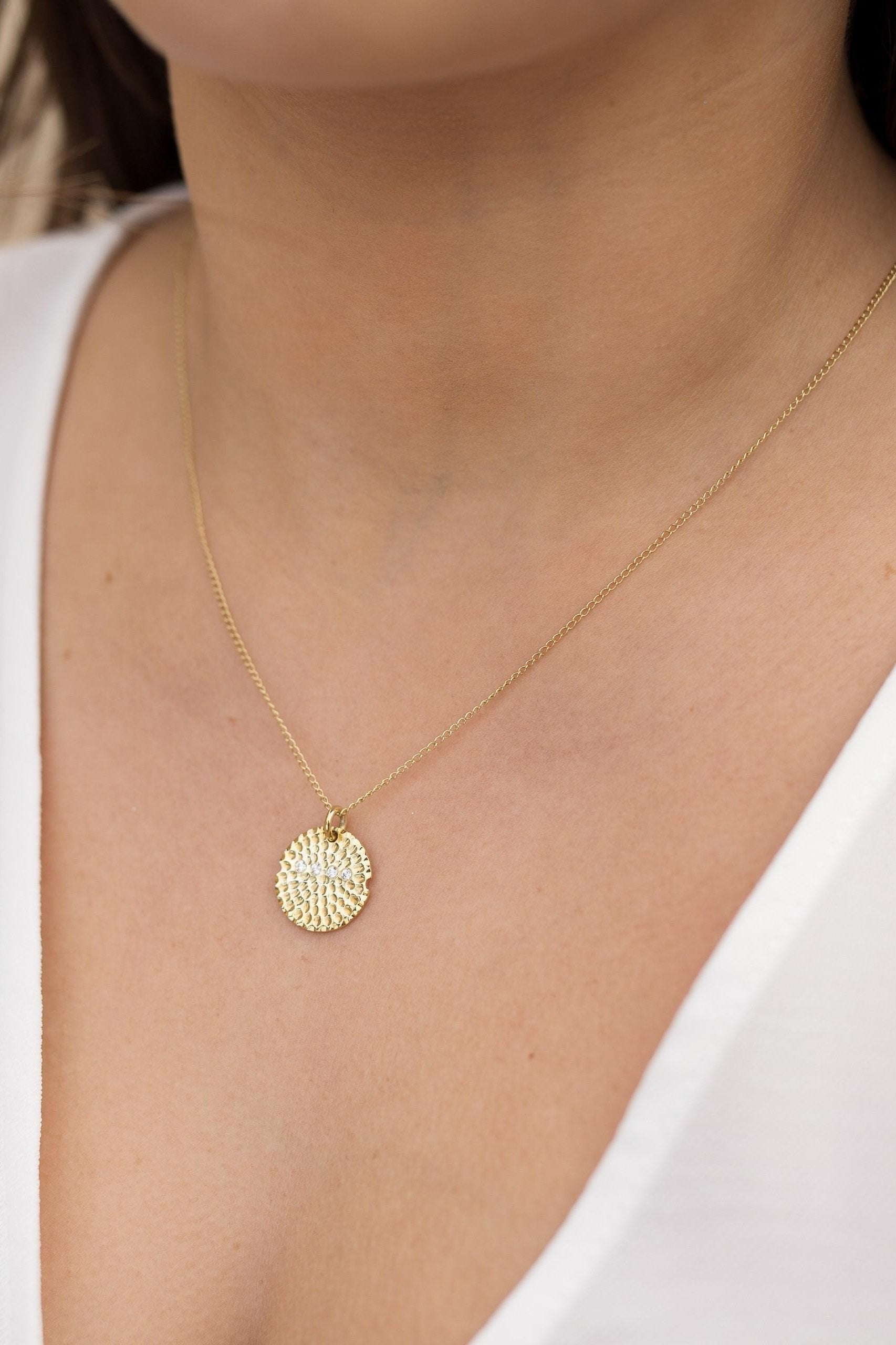 9 carat Gold Textured Disc Necklace with Diamonds-The Diamond Setter