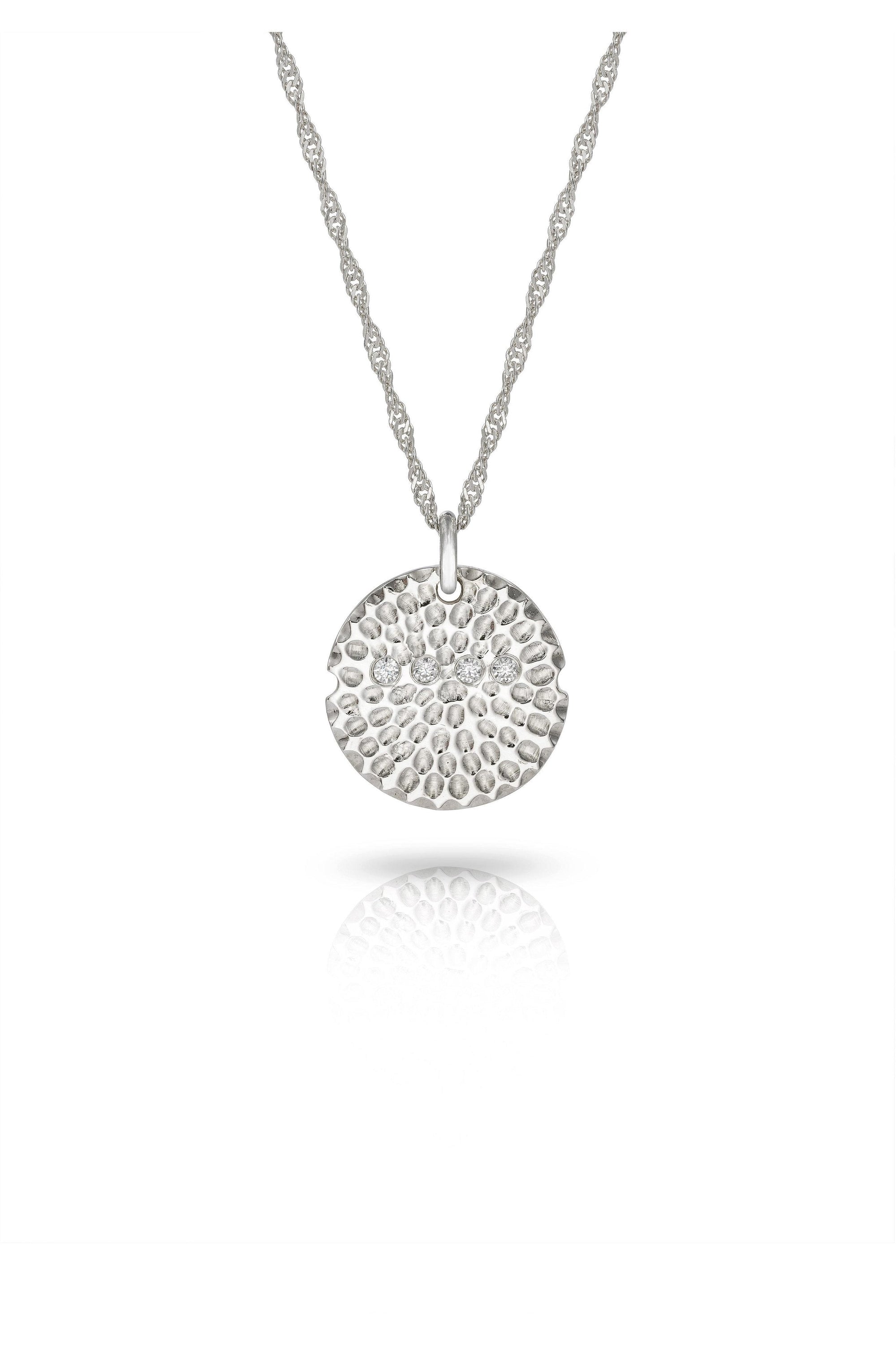 Sterling Silver Textured Disc Necklace with Diamonds-The Diamond Setter