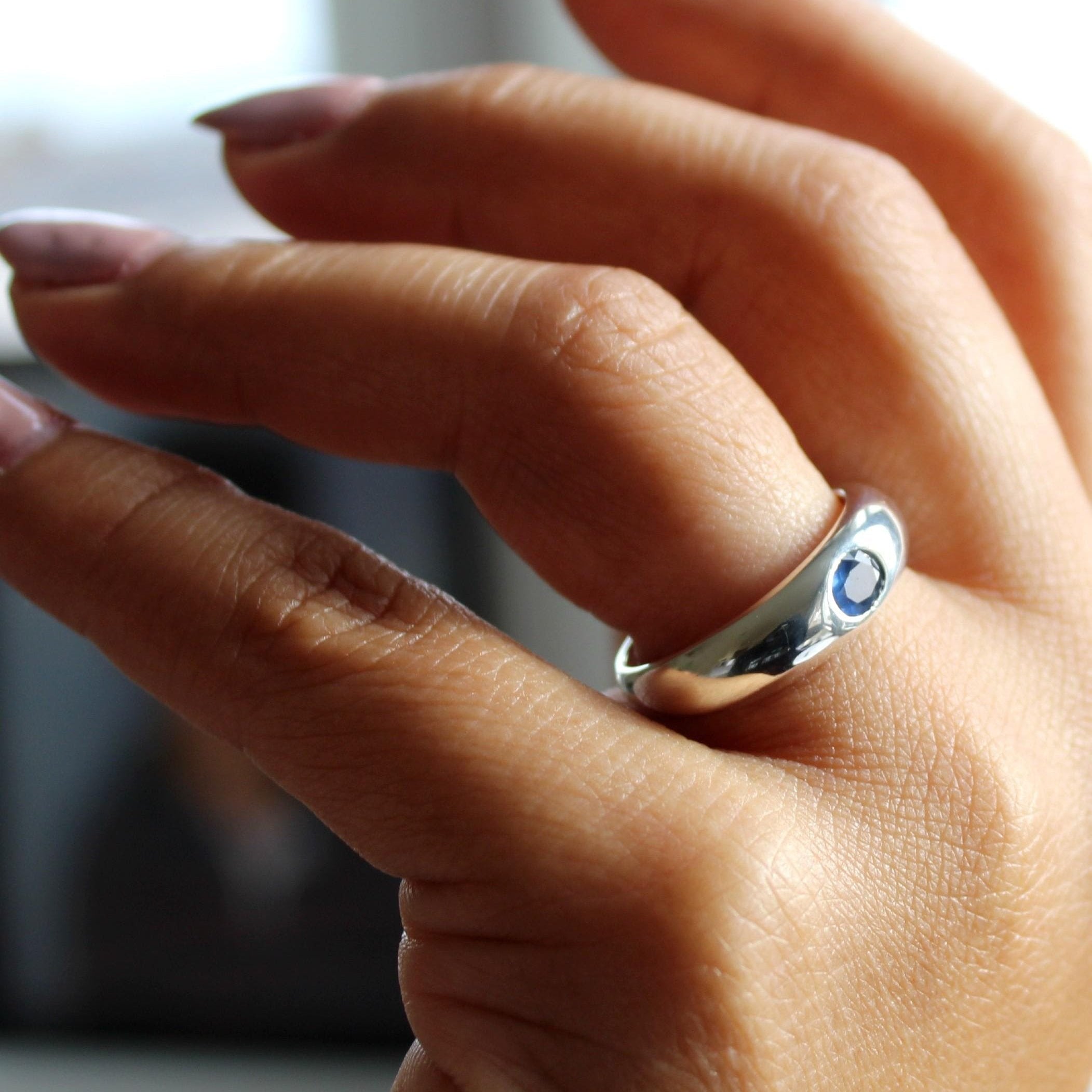 Silver Dome Ring with Blue Sapphire-The Diamond Setter