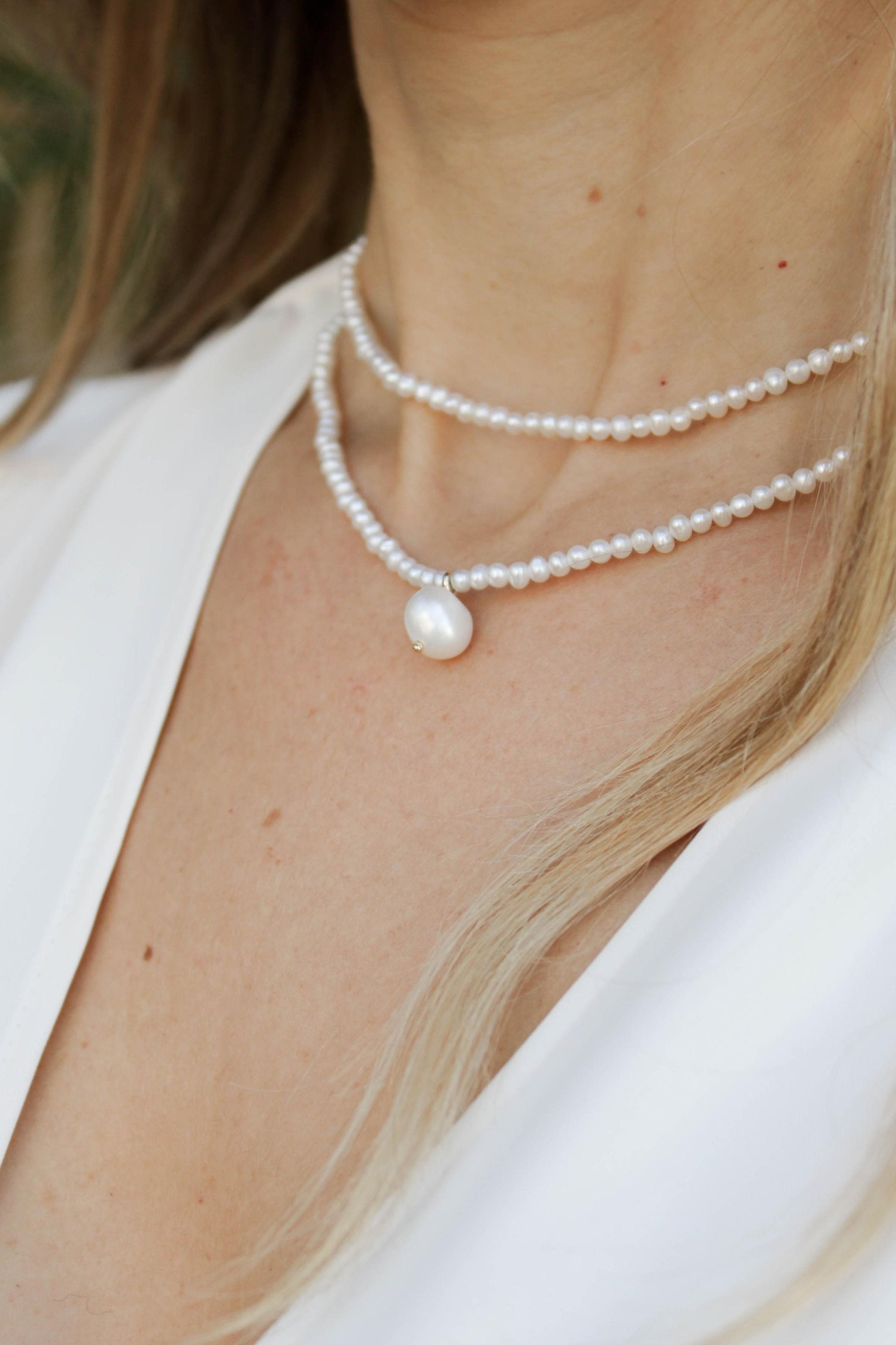 Double Pearl Choker Necklace with Baroque Pendant-The Diamond Setter