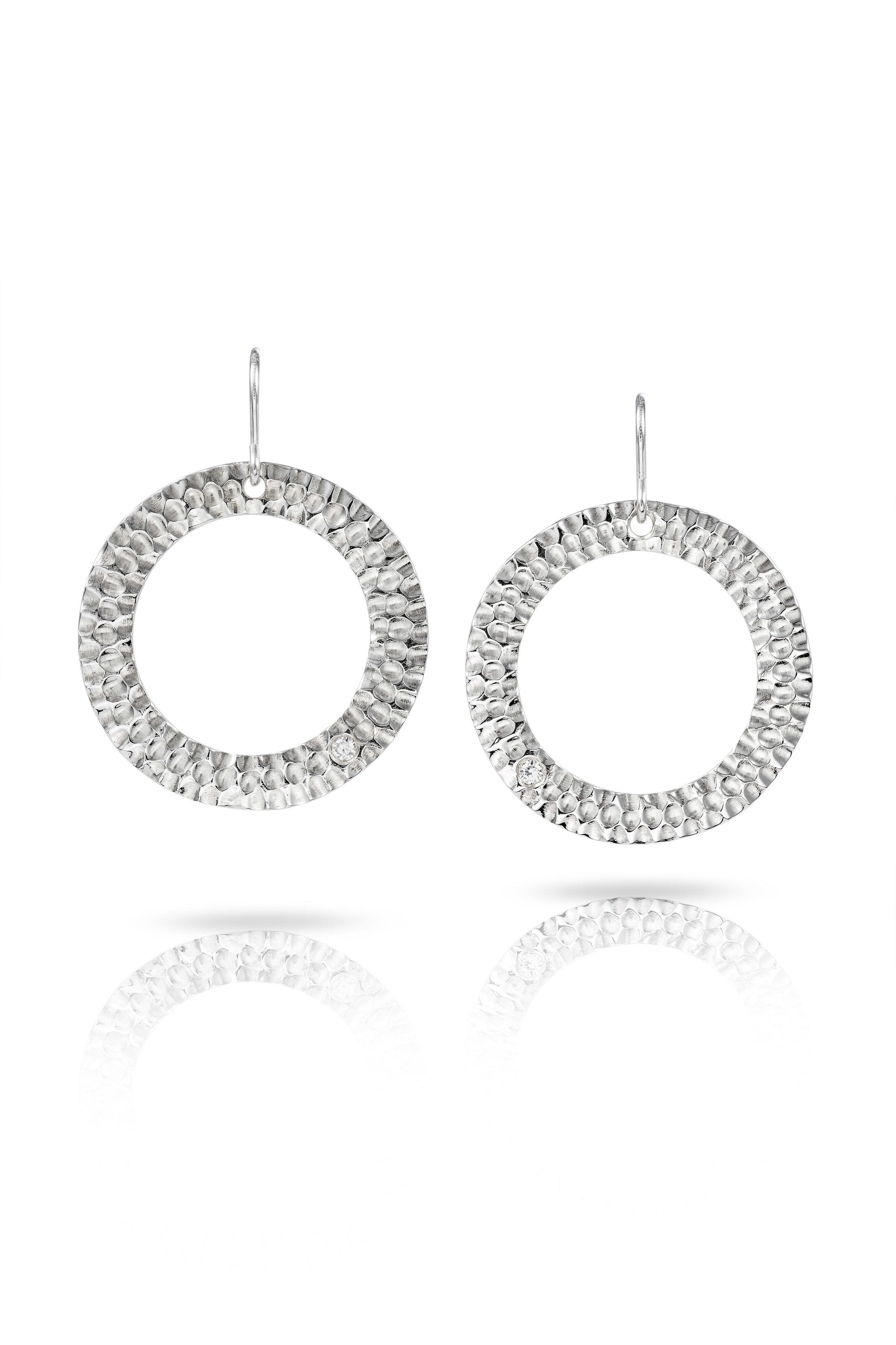 Silver Textured Halo Earrings with Diamonds-The Diamond Setter