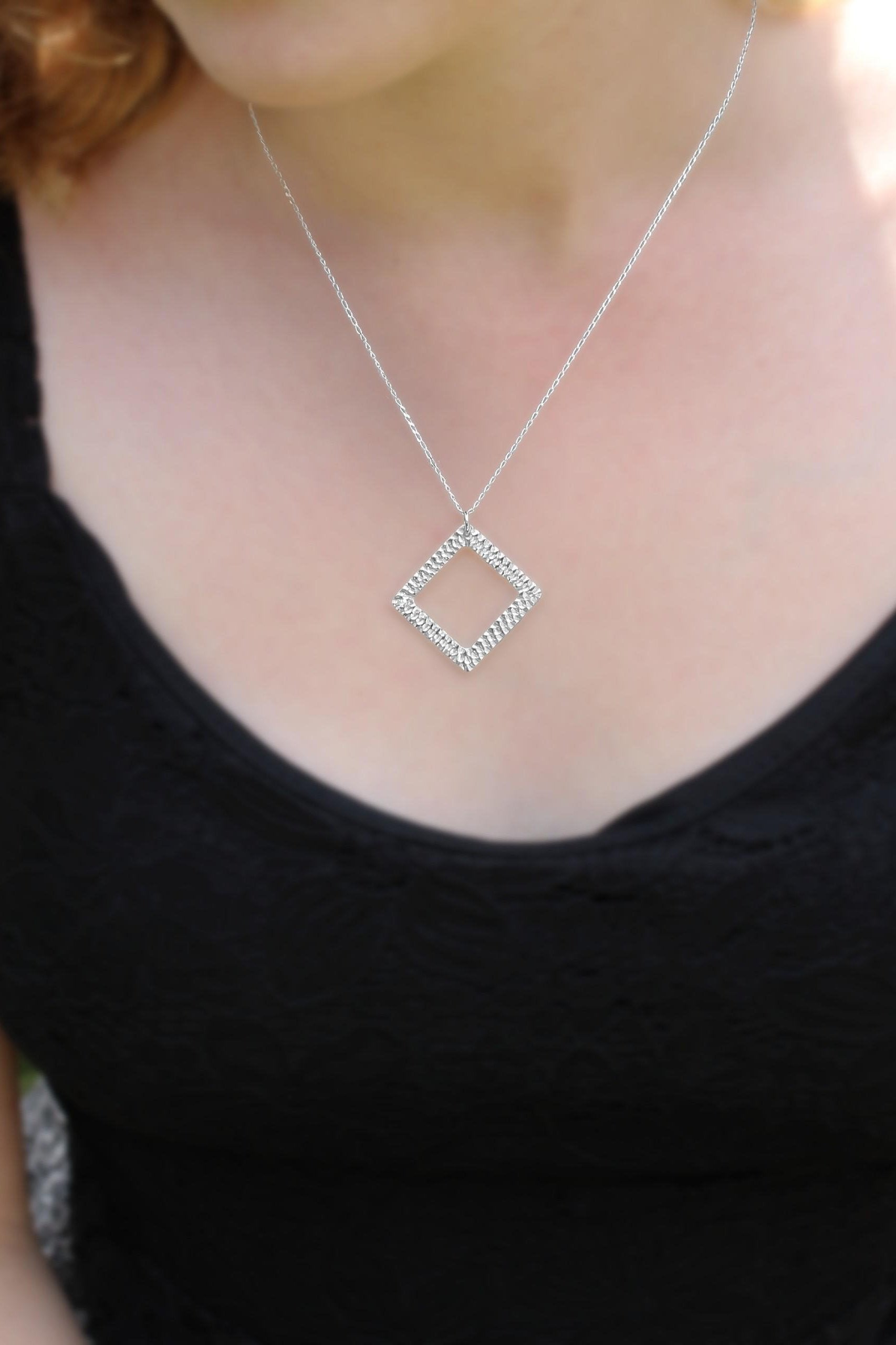 9 carat Gold Textured Square Solo Necklace with Diamond-The Diamond Setter