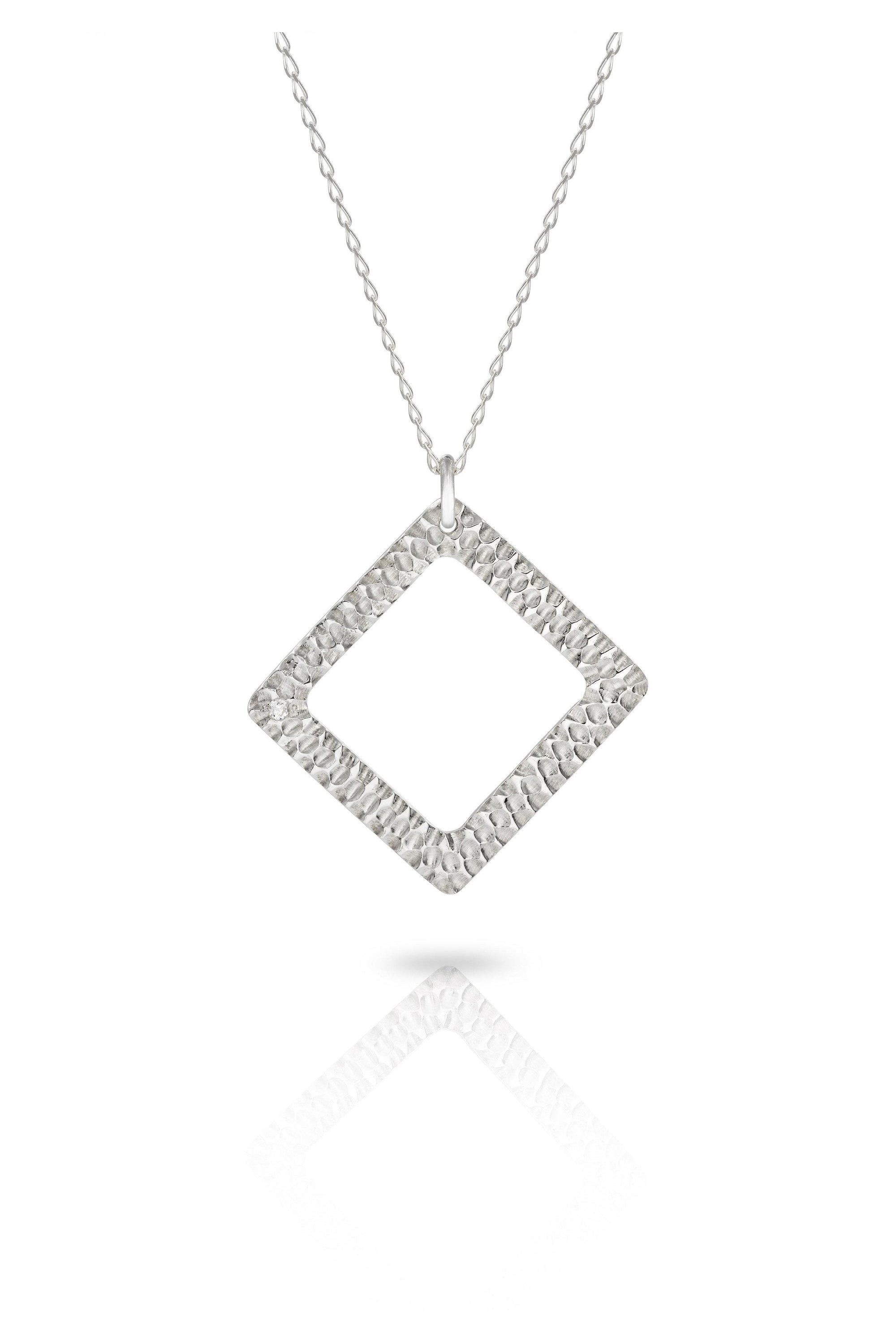 Silver Textured Square Solo Necklace with Diamond-The Diamond Setter