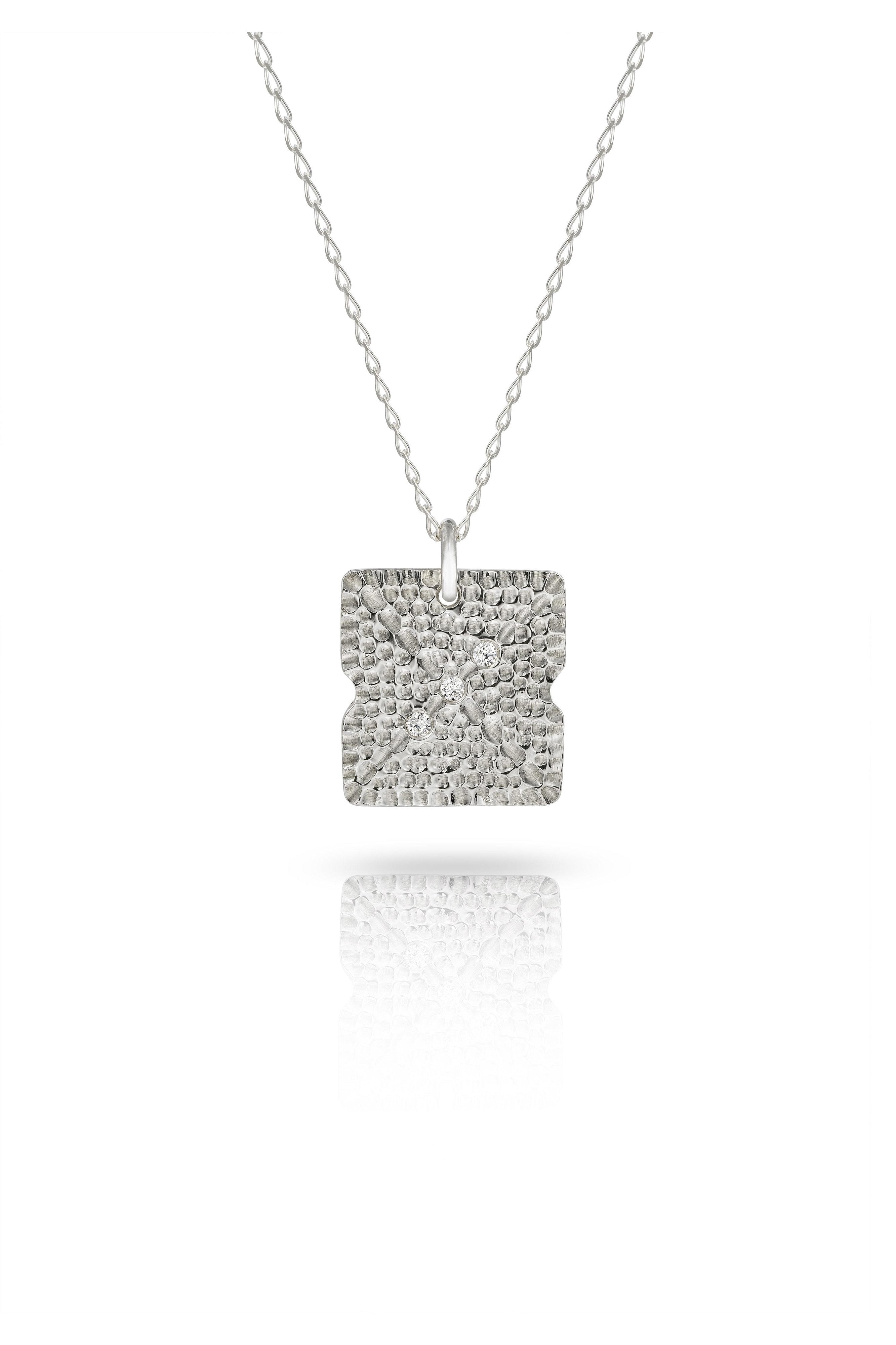 Silver Textured Square Necklace with White Diamond-The Diamond Setter