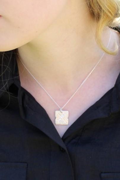 Silver Textured Square Necklace with White Diamond-The Diamond Setter